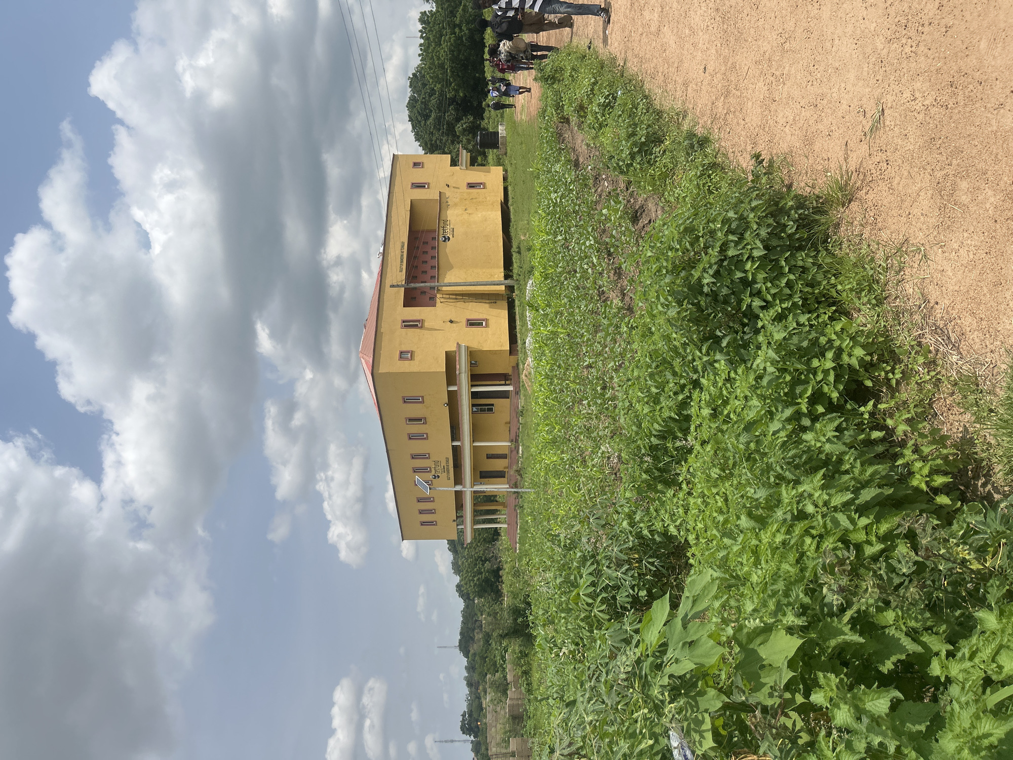 The image depicts a bright yellow, multi-story building with a red roof, likely an institutional building, situated in Ogbomosho, Nigeria. The building has several windows and a covered walkway on the ground floor, supported by pillars. A ladder is visible leaning against the side of the building. Above the entrance, text is visible: "WATER RESOURCES INSTITUTE". There is also a logo with the word "tetfund" on the building. Several people are visible in the background, some standing near a dirt path next to the building, and others further back. The scene is outdoors with lush green vegetation on the right side of the image and a dirt path on the left. The sky is partly cloudy with large white cumulus clouds, suggesting it is daytime, likely late morning or afternoon. The overall impression is a sunny day, possibly after some rain given the vibrant greenery. The setting appears to be a semi-rural or academic campus environment.