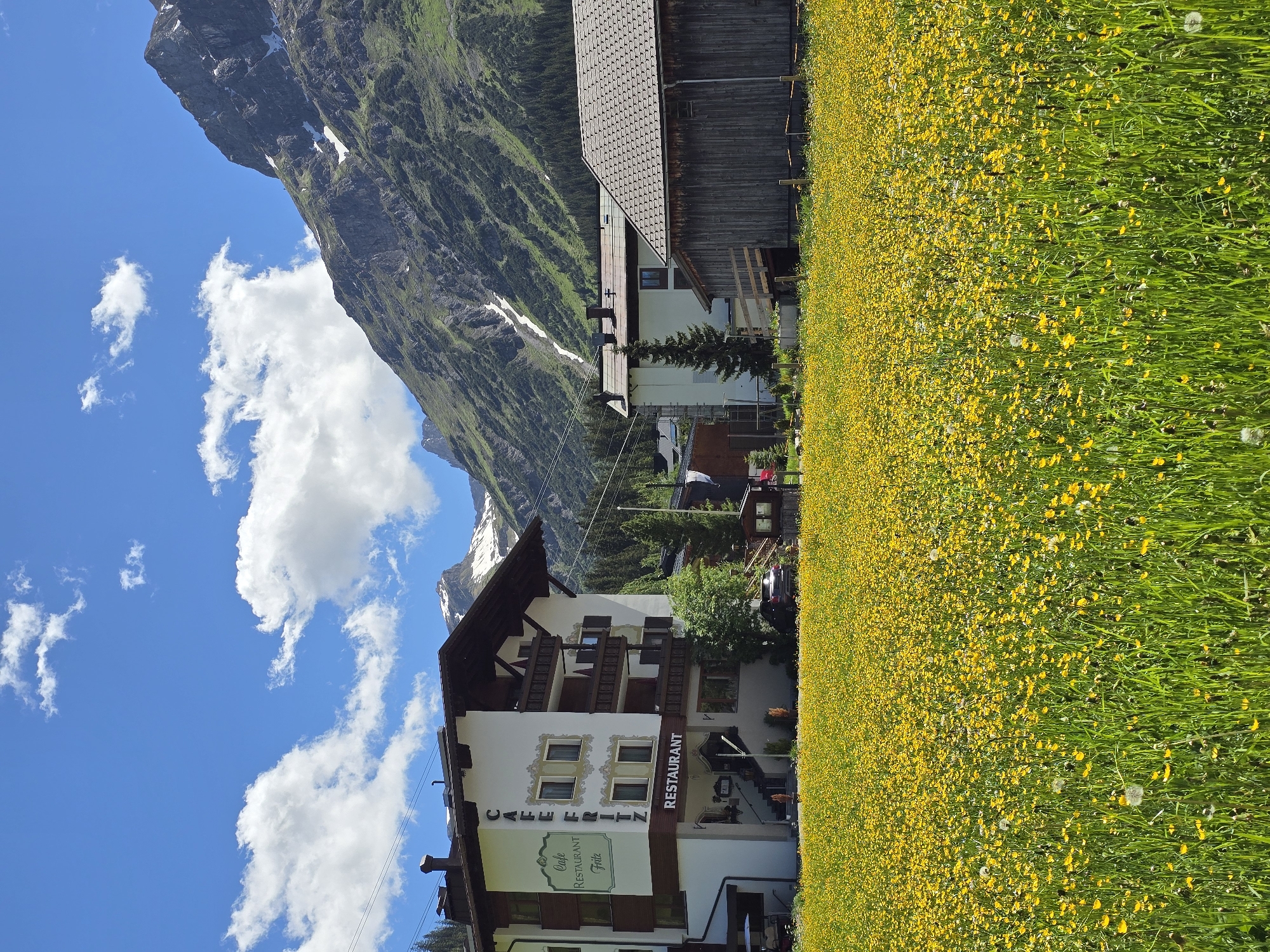The image depicts a scenic view of Lech, Austria, on a sunny day. In the foreground, a vast meadow is filled with vibrant yellow wildflowers and tall green grass. A building complex with a white facade, brown trim, and a dark roof is situated behind the meadow. This complex features multiple stories, balconies, and windows. A sign on the building reads "CAFE FRITZ" and "RESTAURANT". Adjacent to this building is a large wooden structure with a tiled roof, likely a barn or storage facility. In the background, majestic mountains rise, some with patches of snow, against a clear blue sky dotted with white, fluffy clouds. The overall scene conveys a peaceful, rural alpine setting.