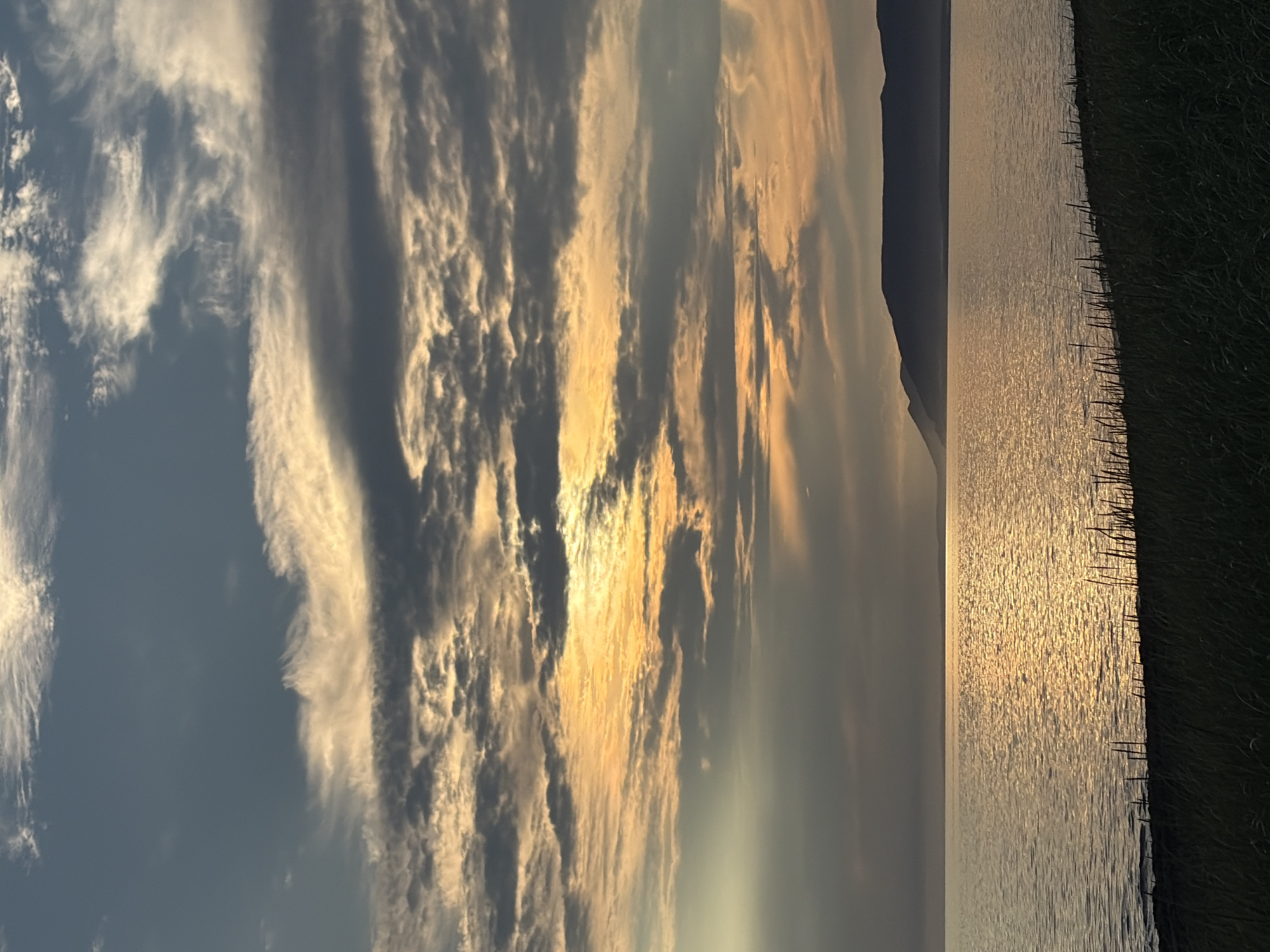 This is a photograph of a serene natural landscape, likely taken at dusk, overlooking a body of water. The sky is filled with dramatic clouds, illuminated by the setting sun which casts a warm, golden glow. The clouds range in color from deep gray to bright orange and yellow, with some wispy white clouds scattered throughout. Below the sky is a calm expanse of water, reflecting the colors of the sky and creating a shimmering surface. In the distance, a dark, silhouetted mountain range forms the horizon. In the foreground, the edge of the land is covered in dark green grass, with some blades standing tall and silhouetted against the water. There are no people or man-made structures visible in the image, suggesting a remote or natural setting. The location is identified as Ozerskoe, Russia, implying this is a view of a lake or coastal area near that city.