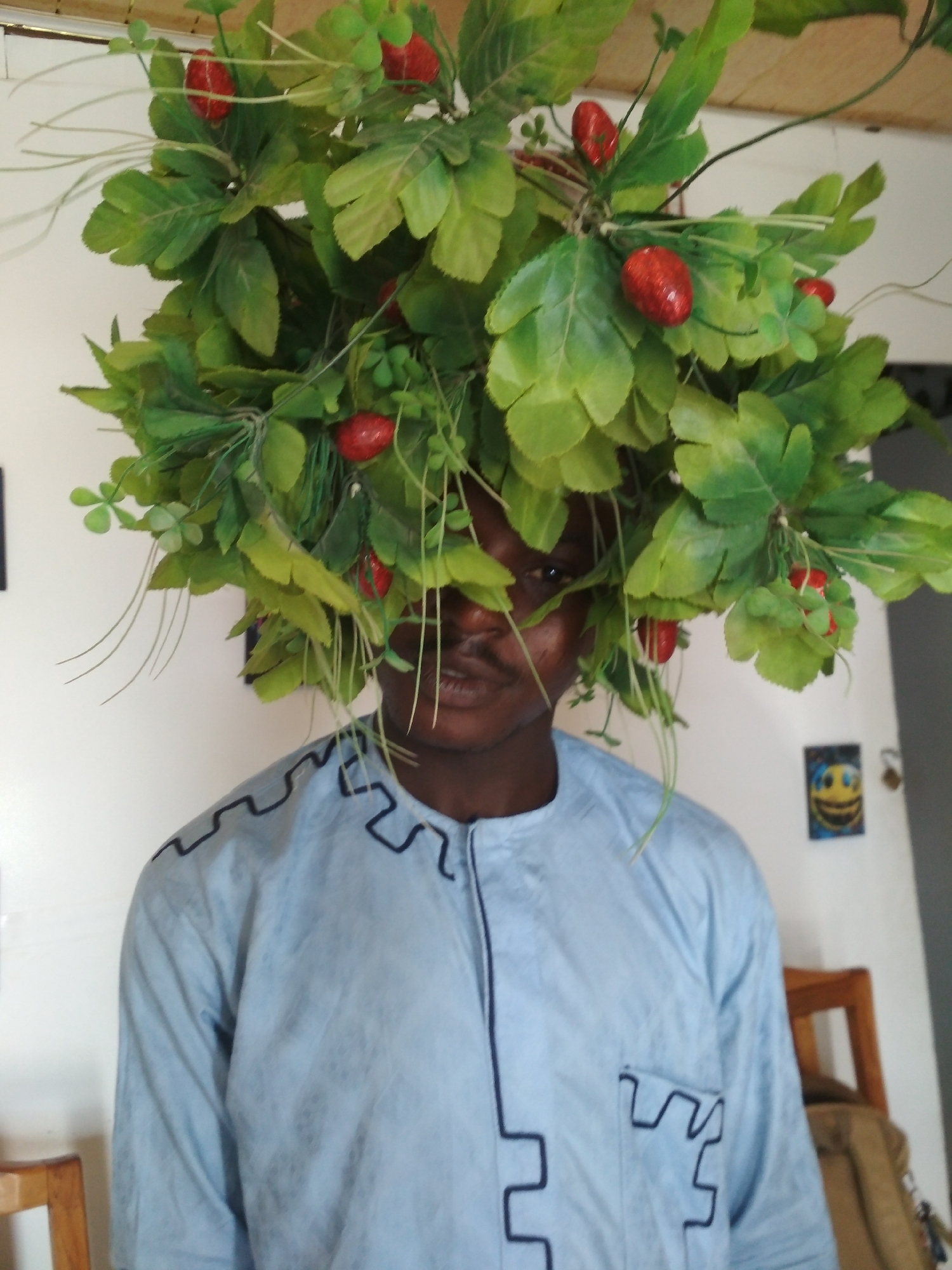 The image depicts a man standing indoors against a white wall. He is wearing a light blue shirt with dark blue geometric patterns near the collar and down the front. The man's head is obscured by a large arrangement of artificial green leaves and red berries. A small picture of a smiley face is affixed to the wall behind him. Part of a wooden chair and a light brown bag are visible in the background. The location is in the city of Unknown, Unknown.