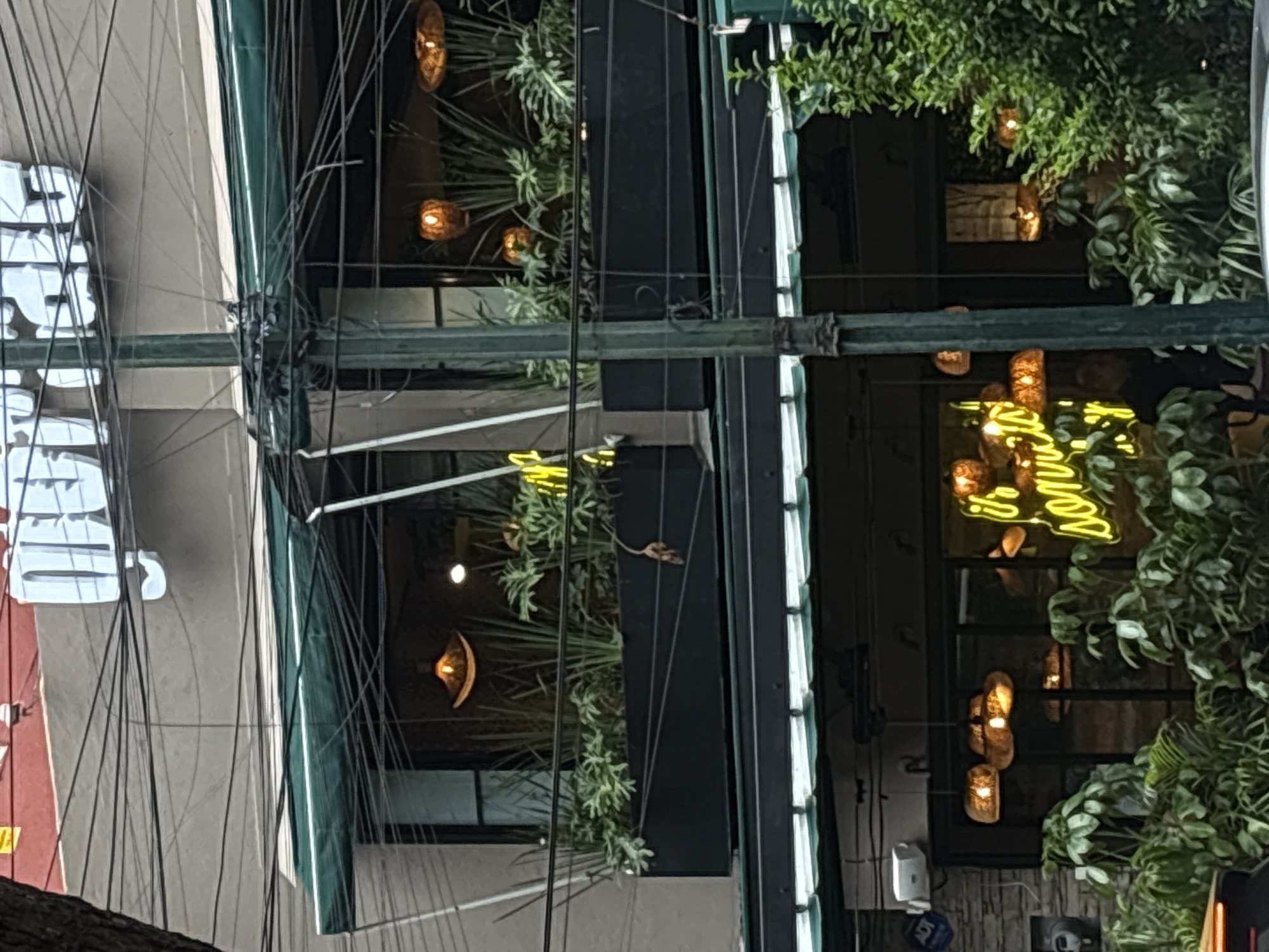 The image shows the facade of a multi-story building in Mexico City, Mexico. The upper portion of the building features a large, illuminated sign with white lettering that reads "MERCADO". Below the sign, a green awning extends over the second floor, which has large windows displaying potted plants and hanging pendant lights with a warm glow. The second floor is separated from the first floor by a black planter box filled with more greenery. The first floor features a dark facade with large windows, also adorned with hanging pendant lights. A bright yellow neon sign is visible through the windows, partially obscured by plants, which appears to read "i's sonrisas". The scene is further cluttered by a dense network of overhead electrical wires. The lighting suggests it is daytime, though the interior lights are on, creating a warm atmosphere. A person is visible in the lower right of the frame, partially silhouetted against the window and greenery. The architectural style appears modern.