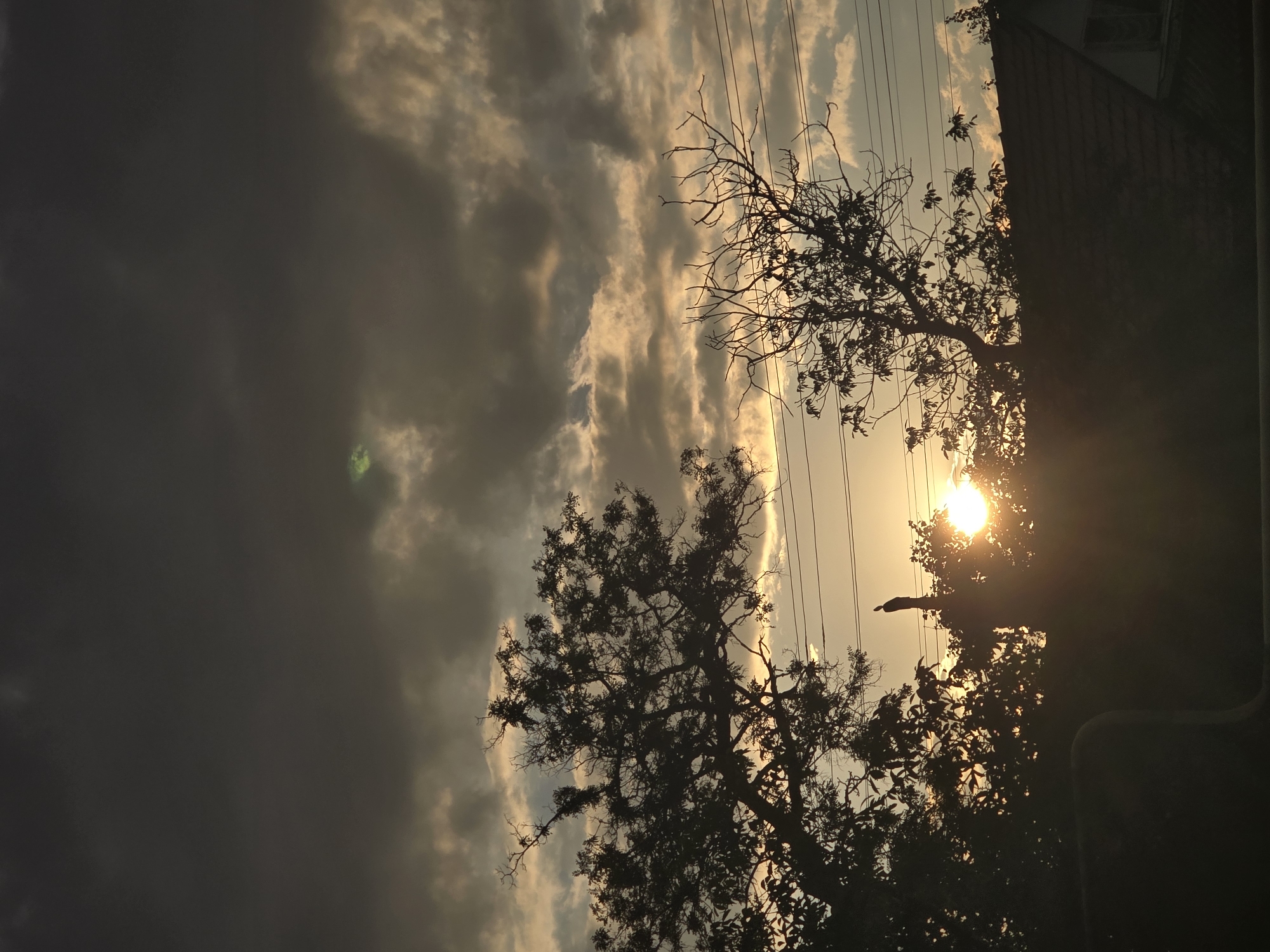 The image depicts a silhouetted landscape at sunset in Nova Kakhovka, Ukraine. The sky is filled with dramatic, dark clouds interspersed with lighter, golden hues from the setting sun. A bright sunburst is visible through the foliage of trees, casting a warm glow. The silhouettes of two trees are prominent in the foreground, one with dense foliage and the other with bare, intricate branches. Power lines are visible stretching across the middle ground. In the lower right portion of the image, a portion of a tiled roof of a building is visible. There are no people or animals clearly identifiable in the scene. The overall impression is one of a natural, potentially moody, evening scene.