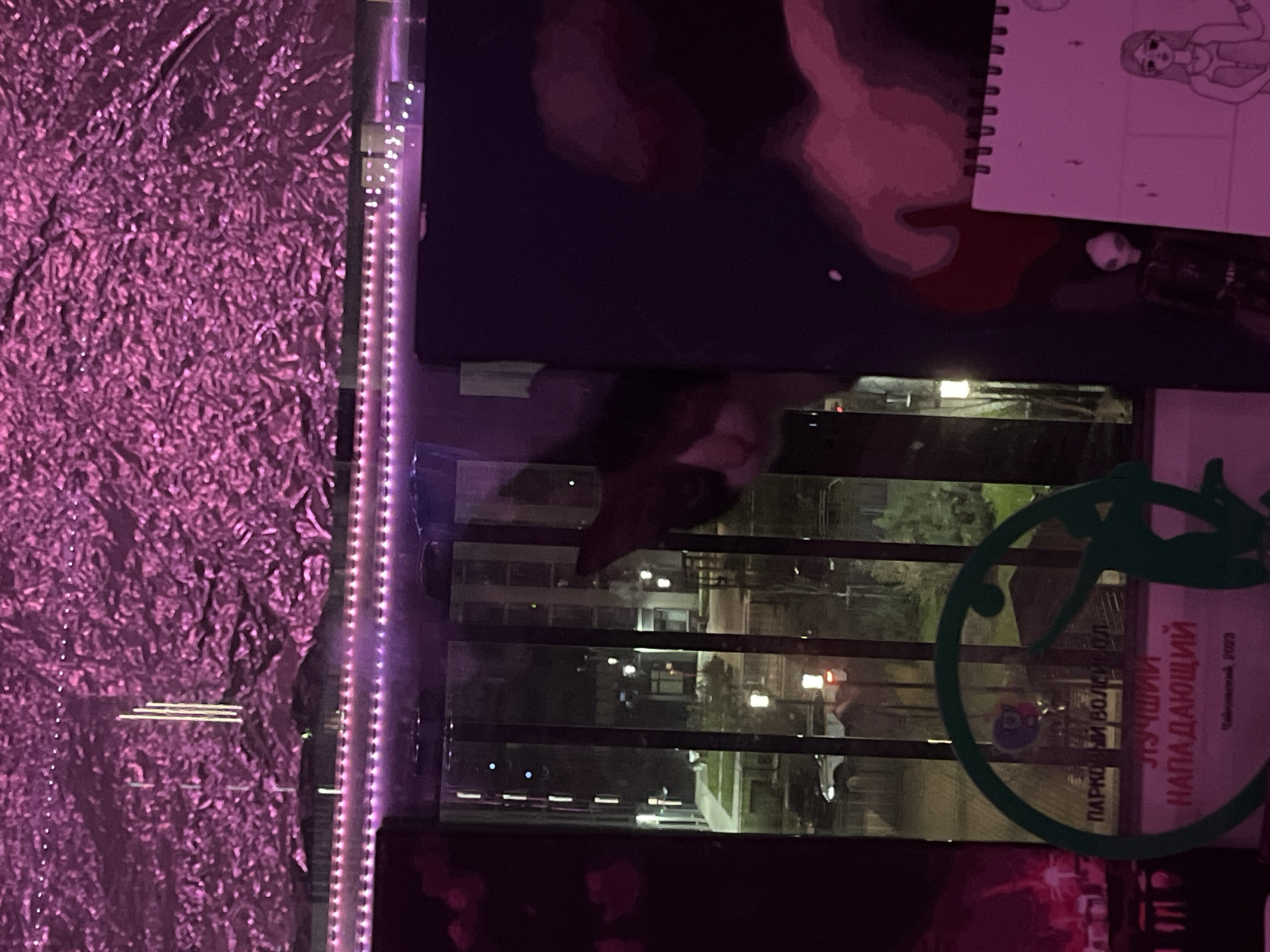 The image shows a reflective window with purple foil and LED lights to the left. Inside the window are a partially visible face, a drawing, a trophy with text in Russian, and a view of a building and streetlights outside the window. The text on the trophy contains "лучший" and "нападающий". Due to the text on the trophy, the location is Cheboksary, Russia.