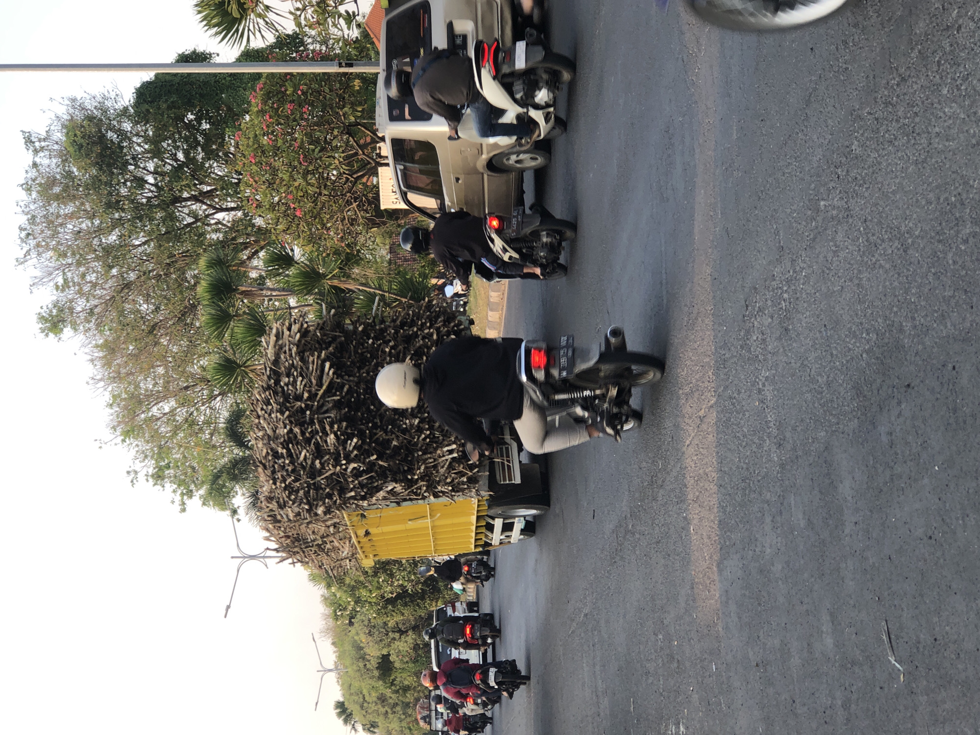 A street scene in Ngaban, Indonesia, shows a traffic jam with several motorcycles and a yellow truck carrying a large load of sugarcane. The truck is in the center of the image, and its bed is piled high with sugarcane stalks. Several motorcycles are visible in front of and behind the truck. One motorcycle rider in the foreground wears a white helmet and a black hoodie. Another motorcycle rider, also in the foreground but further back, wears a black helmet and a dark jacket. A gold minivan is seen to the right of the truck, with two people on motorcycles nearby. The road is asphalt, and the surrounding environment includes trees, bushes, and streetlights. The sky is overcast, suggesting it might be early morning or late afternoon.