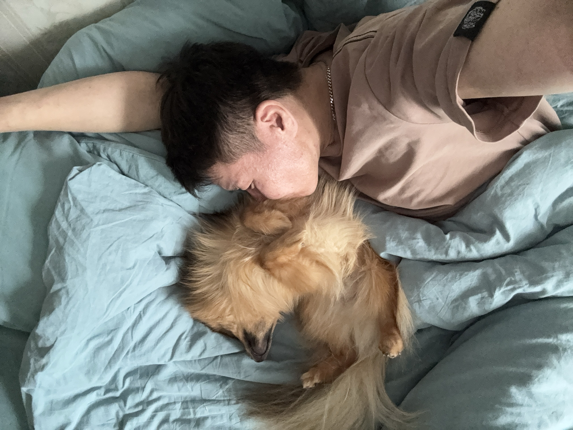 A man and a dog are lying on a light blue bedsheet. The man is lying on his back with his left arm extended to the left side of the frame. He has dark hair, a fair complexion, and is wearing a light brown t-shirt and a silver chain. His head is turned towards the dog, with his face close to the dog's head. The dog is a long-haired breed with brown fur. The dog is lying on its back, with its legs curled upwards. The setting appears to be a bedroom. There is no information to identify the location as Khimki, Russia.