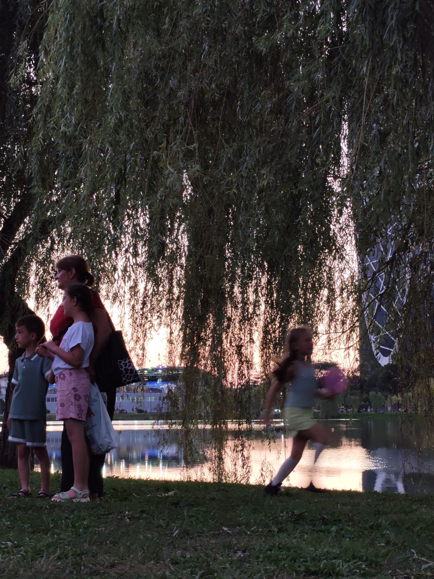 The image depicts a scene in Batumi, Georgia, likely near the coast or a large body of water, given the presence of what appears to be a Ferris wheel in the background and a calm body of water. A group of people are gathered under a weeping willow tree. In the foreground, on the left, a young boy wearing a grey polo shirt and shorts stands with a woman. Next to the boy is a young girl wearing a white t-shirt and a pink patterned skirt, holding hands with the woman. The woman is wearing a red top and has a bag slung over her shoulder. To the right, a young girl in motion, wearing a light blue top and yellow shorts, is running away from the viewer, holding a pink object, possibly a frisbee or a ball. The sunset casts a warm glow across the sky, reflecting on the water. In the distance, buildings and structures are visible, including what strongly resembles the Batumi Ferris Wheel. The overall atmosphere is one of a relaxed evening gathering.