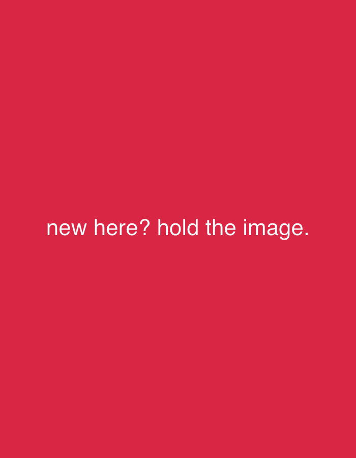 The image displays a solid, vibrant red background. Centered horizontally and positioned slightly below the vertical midline, white sans-serif text is prominently featured. The text reads: "new here? hold the image." There are no other visible subjects, objects, people, or discernible scene details. The image appears to be a graphic or a digital instruction, possibly hinting at an interactive element or a hidden message within the image itself.