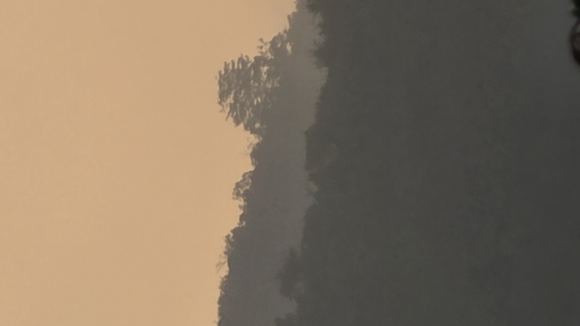 The image shows a stark contrast between a light orange sky on the left and a dark, shadowed area on the right. A blurry outline resembling a tree's edge or indistinct shapes separates the two zones. The location cannot be verified as Bac Natural Heritage Area Trang, Vietnam based on the image provided. No people, subjects, objects, actions, or interactions are distinguishable other than the implied presence of a distant, blurry tree-like structure and the division between light and shadow.