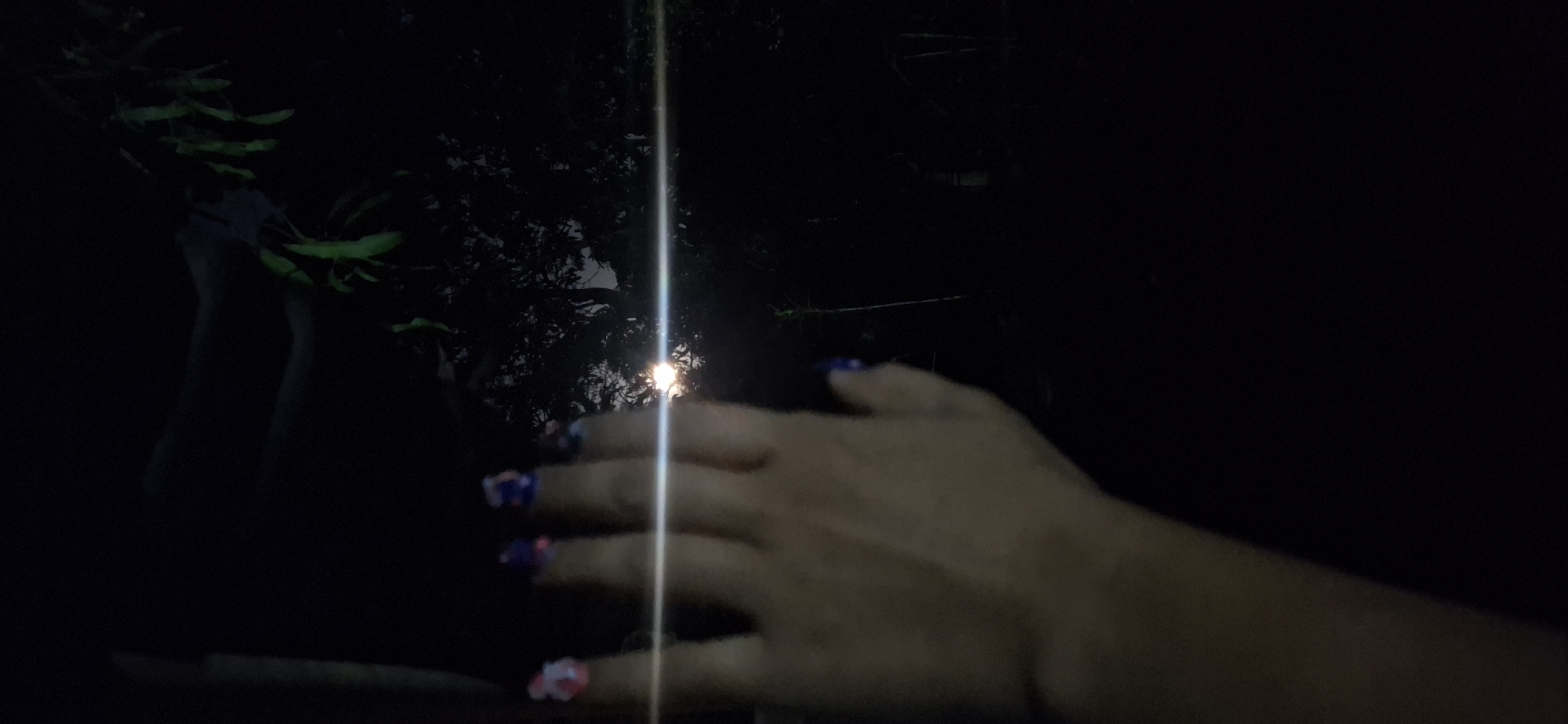 The image shows a dark, nighttime scene in Vallecito, Venezuela. A hand with painted fingernails is prominently displayed in the foreground. In the background, a bright light source, likely the moon, shines through the branches of a tree. A vertical line of glare extends from the light source. There are some legs to the left of the light.