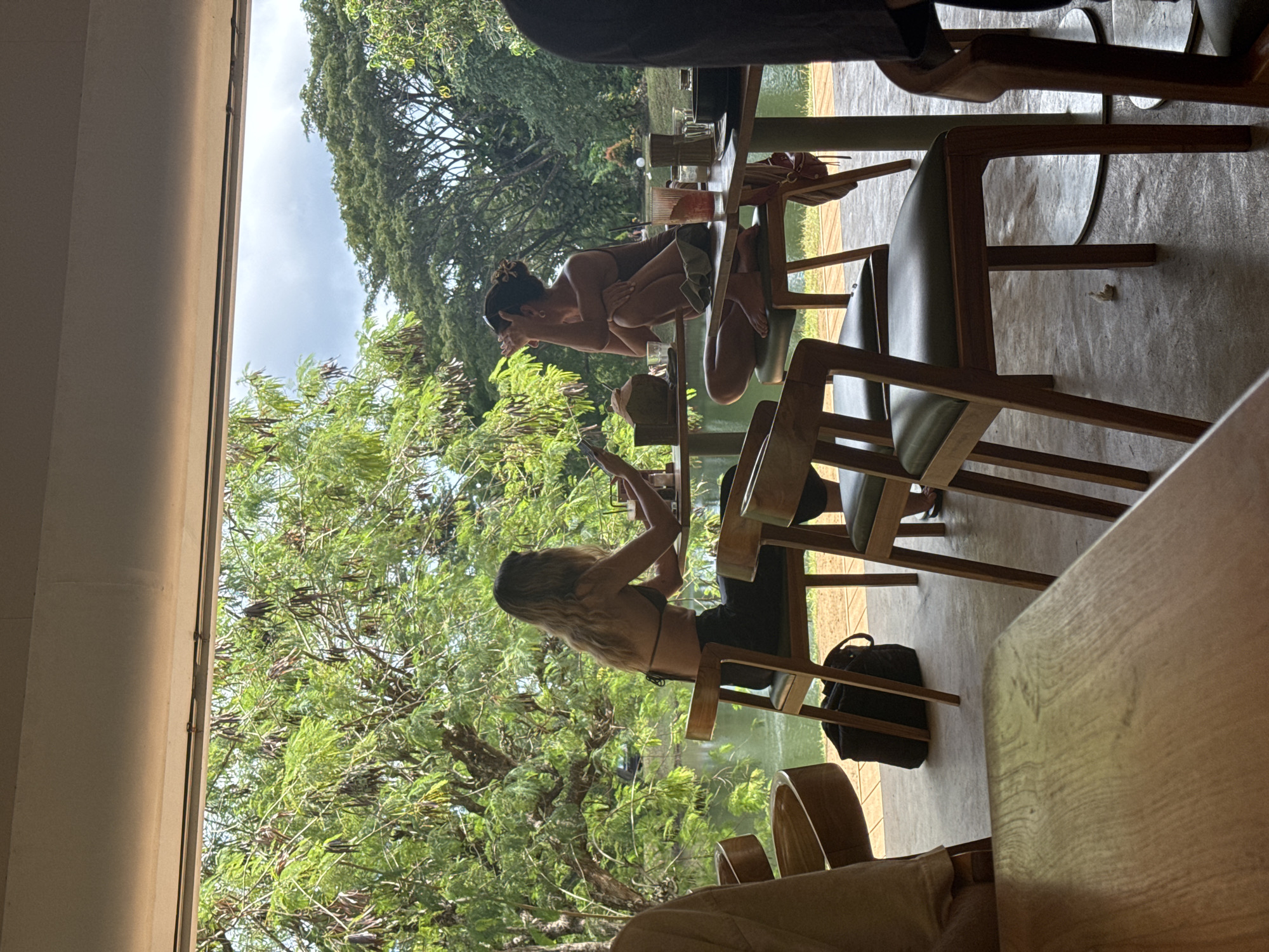Captured from the confines of an indoor space looking outward, the image presents a cafe setting against a backdrop of lush greenery. In the foreground, the corner of a wooden table dominates the view. Mid-ground, two women are seated, one actively engaged with a mobile device and the other positioned at a table with a beverage, partially obscured by other objects. The outdoor scene showcases an abundance of foliage, suggesting a park or garden-like atmosphere adjacent to the cafe. The image suggests an indoor-outdoor cafe setting. The city and specific location are indiscernible.