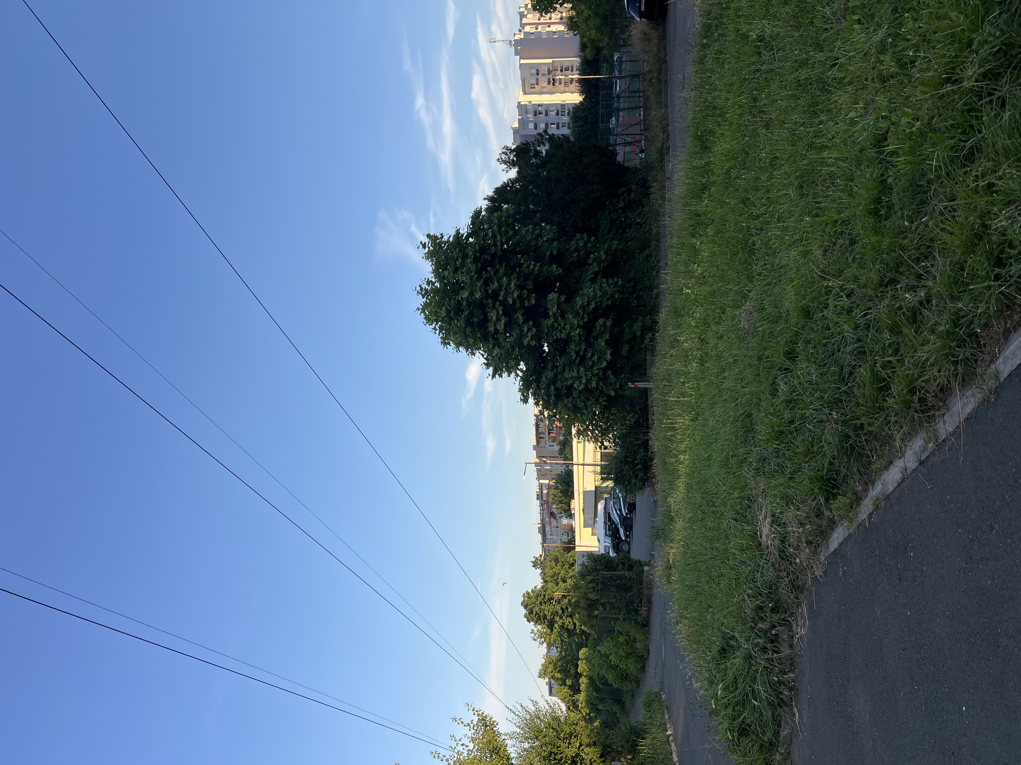 The image shows a view of the city of Burgas, Bulgaria, with buildings, trees, and power lines against a blue sky. In the foreground, there is a paved path next to a patch of tall grass. In the midground, there are several parked cars and a fenced area that appears to be a sports court. Behind the sports court, there are apartment buildings. The overall scene suggests an urban environment with areas of vegetation.