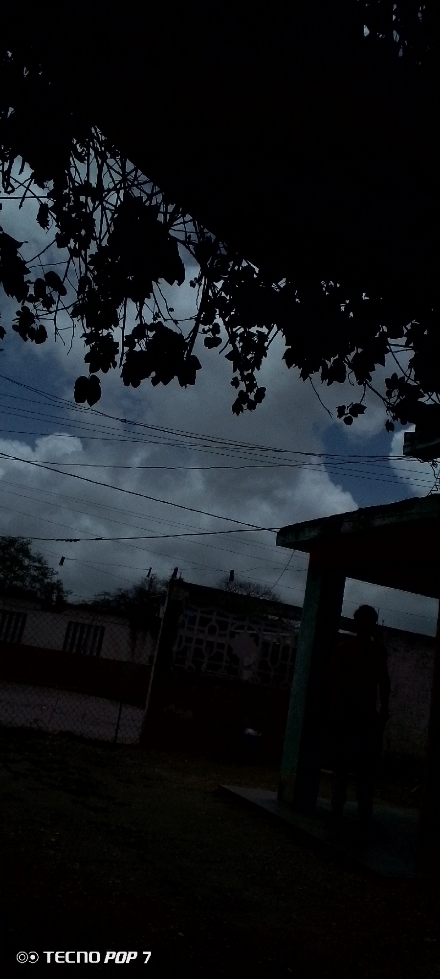 The image depicts an outdoor scene at dusk in Altagracia, Venezuela, characterized by silhouetted foliage against a cloudy sky. A person is visible as a dark silhouette near a covered structure, possibly a porch or an open-sided building, in the mid-ground. In the background, there are indistinct structures, including what appears to be a fence and buildings with barred windows. Power lines stretch across the sky. The foreground is dark and covered in what appears to be gravel or rough ground. The bottom left corner displays the text "TECNO POP 7" with a logo, indicating the device used to capture the photograph. The overall atmosphere is somber and dimly lit, suggesting either the end of daylight or an overcast sky.