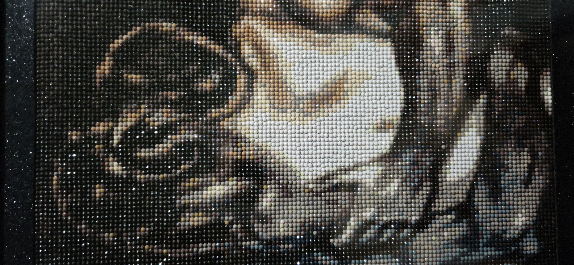 A close-up, abstract depiction of a diamond painting features a detailed pattern of small, multi-colored beads arranged in a grid. The beads create an image with a central, bright white area surrounded by darker tones of brown, grey, and black, with hints of lighter beige and speckled white. The overall impression is of a textured mosaic, possibly representing a portrait or a still life with high contrast. The background appears to be a dark, possibly black, textured border.