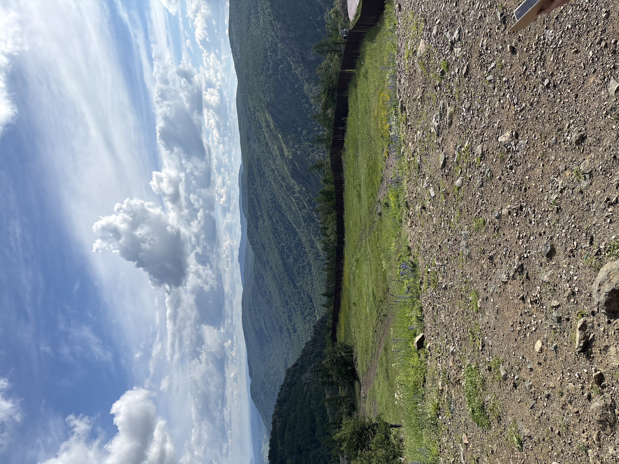 A daytime, eye-level, outdoor shot captures a sprawling mountainous landscape under a partly cloudy sky. The foreground is a rough, gravelly path with scattered rocks and sparse green vegetation. A narrow, dirt path winds through a vibrant green, grassy meadow dotted with small yellow and purple flowers. This meadow is bordered by a dark, wooden fence that stretches horizontally across the middle ground. Beyond the fence, rolling hills covered in dense, dark green forests recede into the distance, their contours softened by atmospheric haze. The sky is a mix of bright blue with scattered, fluffy white clouds, some of which are large and billowy. The overall scene depicts a natural, undeveloped environment.
