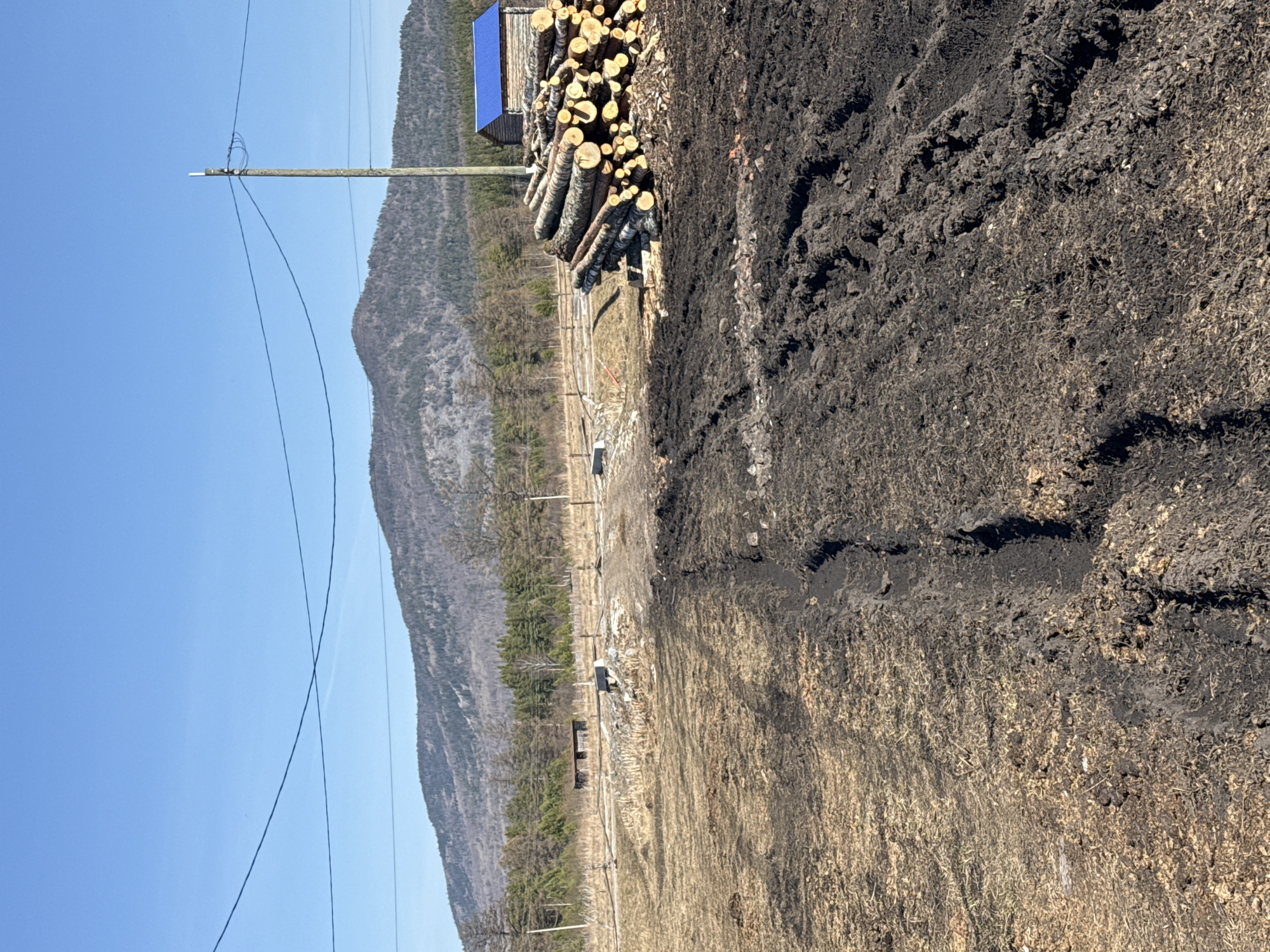 The image shows a landscape in the Tyulyuk area of Russia. A large pile of logs is stacked next to a small blue-roofed building. The foreground features a dirt and ash-covered ground with visible tire tracks. In the distance, a mountain range is visible under a clear blue sky. A utility pole with power lines is also present on the left side of the image. A fence line and scattered structures are seen in the mid-ground leading towards the mountain.