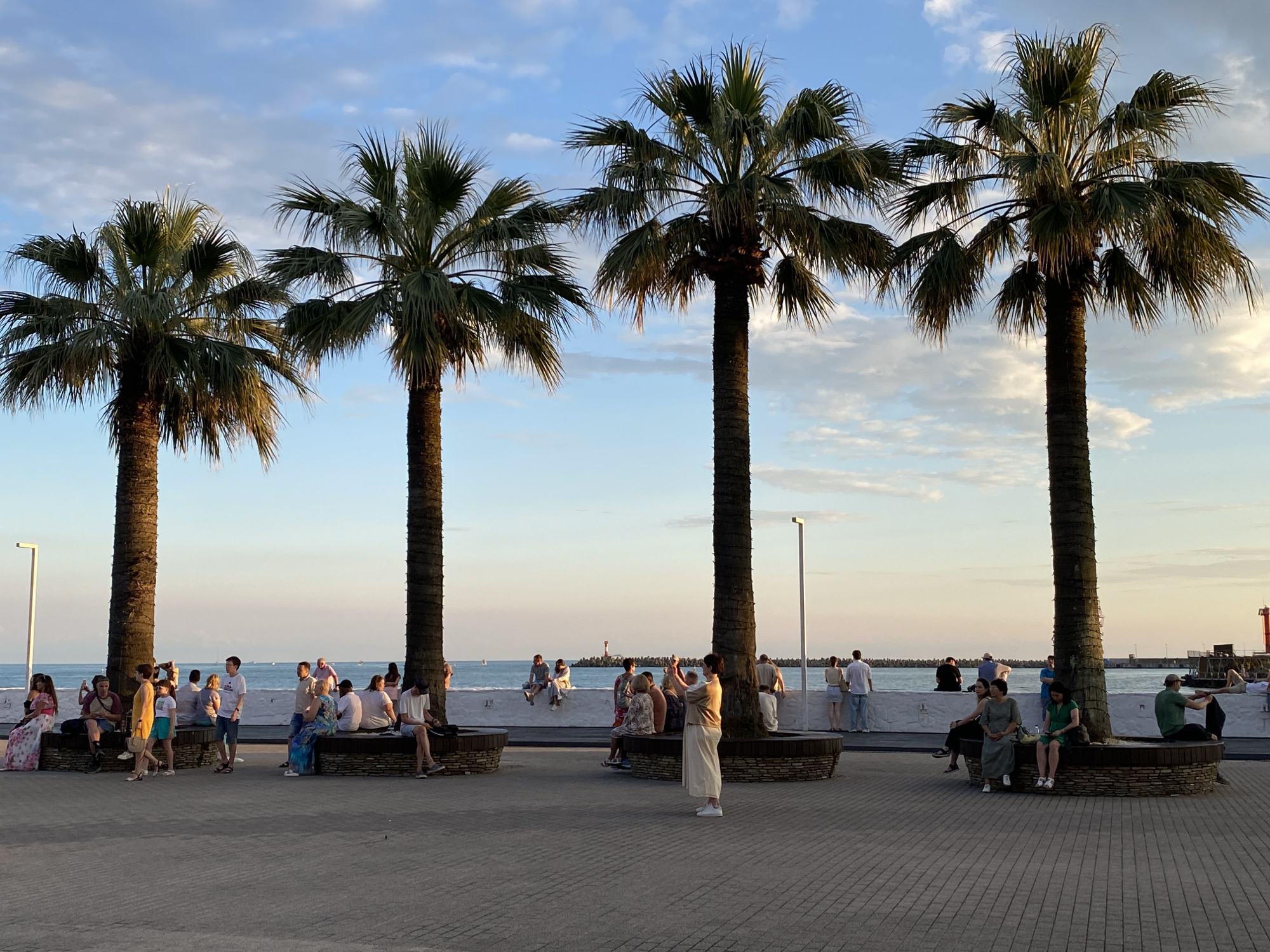 The image captures a public promenade in Sochi, Russia, featuring a line of tall palm trees against a backdrop of the Black Sea and a partly cloudy sky. Several people are seen relaxing and socializing on benches and along a low wall overlooking the water. In the foreground, a paved area with a brick pattern is visible. The scene appears to be set during the late afternoon or early evening, with soft, warm lighting illuminating the surroundings. Among the people, some are seated, others are standing, and one woman in the mid-ground is holding up a phone, possibly taking a picture. The atmosphere is relaxed and leisurely, indicative of a popular tourist or recreational spot in the city.