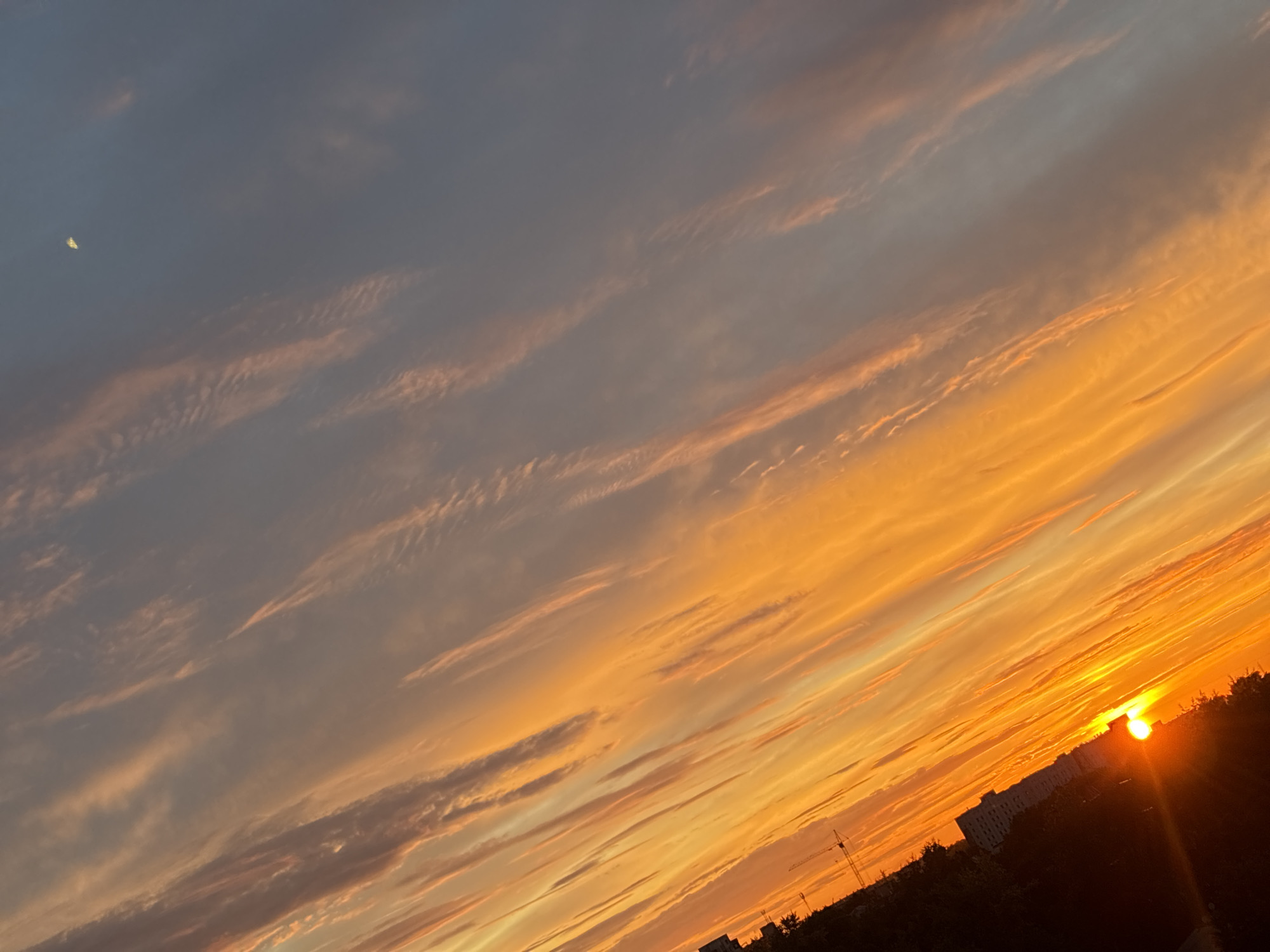 The image depicts a vibrant sunset over a city skyline, oriented diagonally. The sky is a canvas of fiery oranges and yellows, transitioning into a deep blue at the top. Wispy, elongated clouds streak across the sky, catching the warm hues of the setting sun. In the lower left portion of the image, silhouetted against the bright sky, are the dark shapes of trees and buildings. A single bright sun is visible near the horizon, casting a warm glow. A construction crane is also visible among the silhouettes of the cityscape. The overall scene captures the dramatic beauty of a sunset.