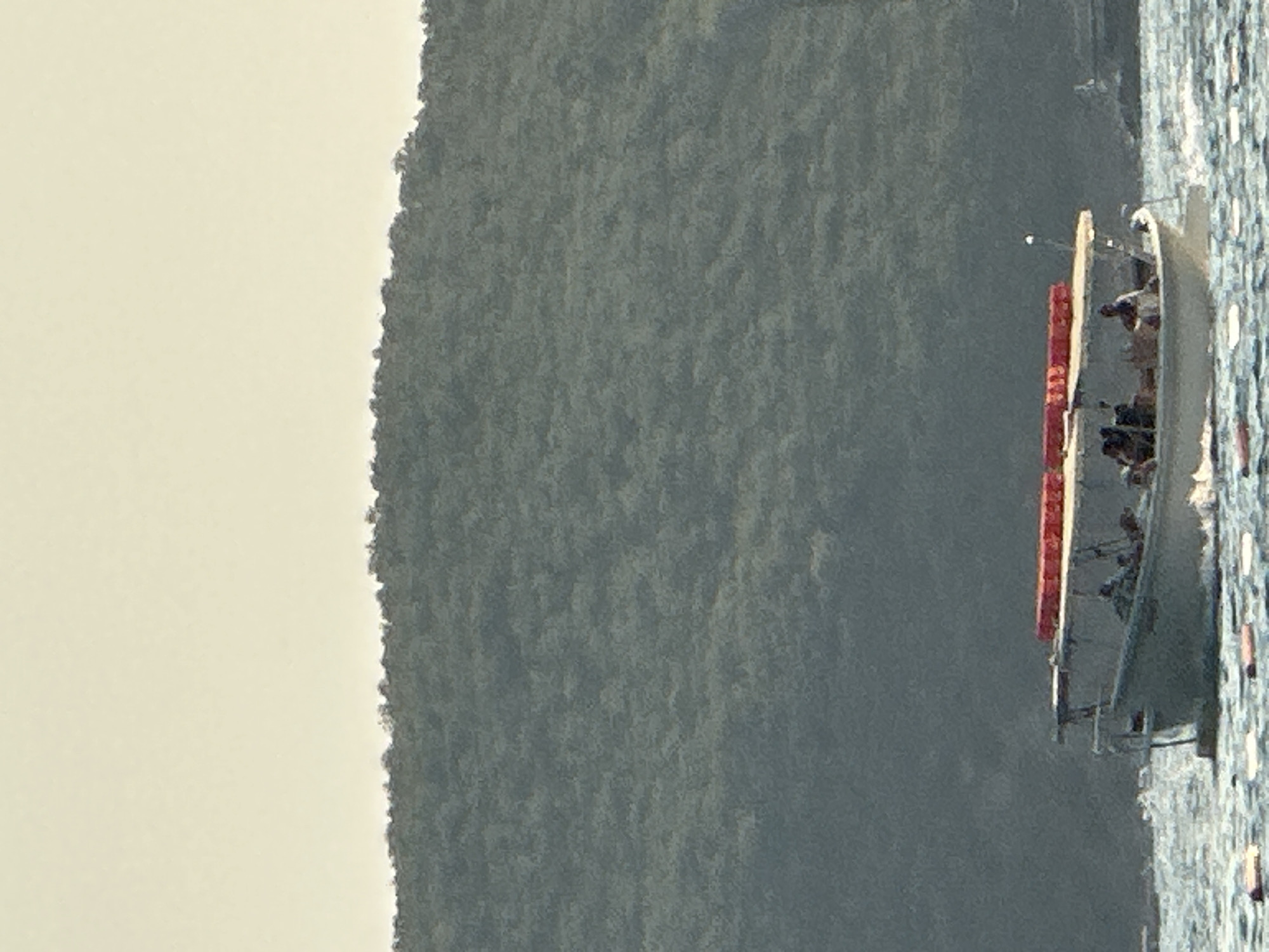 A small, white motorboat carrying approximately eight passengers navigates choppy, blue water. The boat has a shaded canopy and is adorned with red, buoyant flotation devices. In the background, a densely forested hillside rises steeply, its dark green foliage contrasting with the pale, hazy sky. The boat appears to be moving from left to right across the frame. The setting is likely a coastal area, possibly near the city of Boreti in Montenegro, given the presence of a boat on the water and a verdant hillside. The overall impression is a daytime scene under a bright but diffused sky.