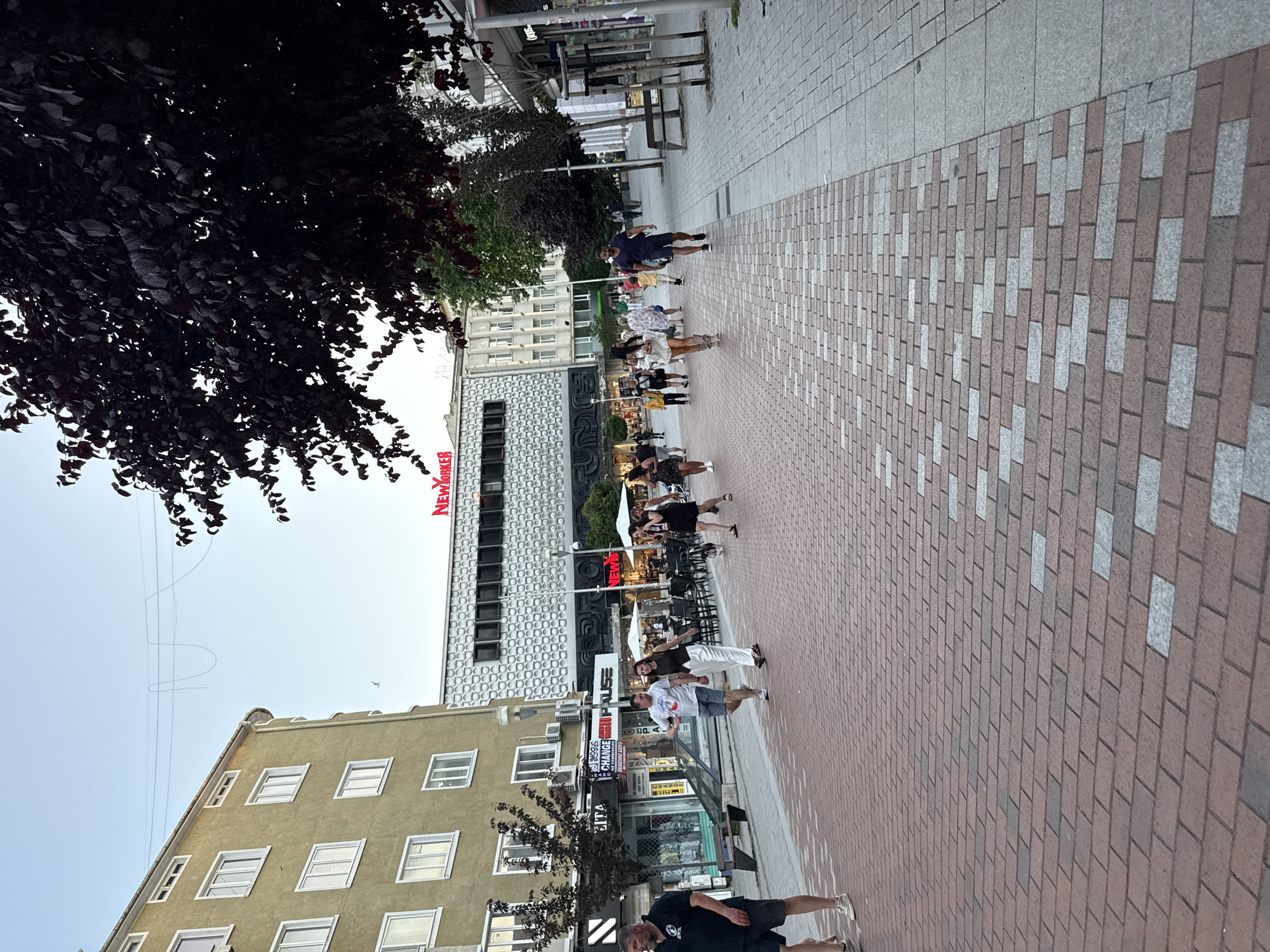 In this full-shot, eye-level photograph, a bustling pedestrian street is depicted in an urban setting under a clear, pale blue sky. The street is paved with a patterned arrangement of reddish-brown and grey rectangular bricks, transitioning to a grey paved sidewalk on the right. Several buildings line the street. On the left, a multi-story building with a light olive-green facade features numerous evenly spaced white-framed windows and what appear to be air conditioning units. Further down the street, a modern building with a grey, patterned facade is visible, topped with a red illuminated sign that reads "NEW YORKER".
A diverse group of people are walking along the street in various directions. Some are walking towards the viewer, while others are walking away. A man in a black t-shirt and dark shorts is walking towards the viewer on the left side of the street. A couple is walking away from the viewer in the center, the woman in a white outfit and the man in a white t-shirt and blue shorts. Further back, a group of individuals are seen strolling, some with bags. Several trees, including one with dark red leaves in the foreground on the right, and streetlights are present along the sidewalk. The scene appears to be a lively commercial area, possibly during late afternoon or early evening given the soft lighting.
