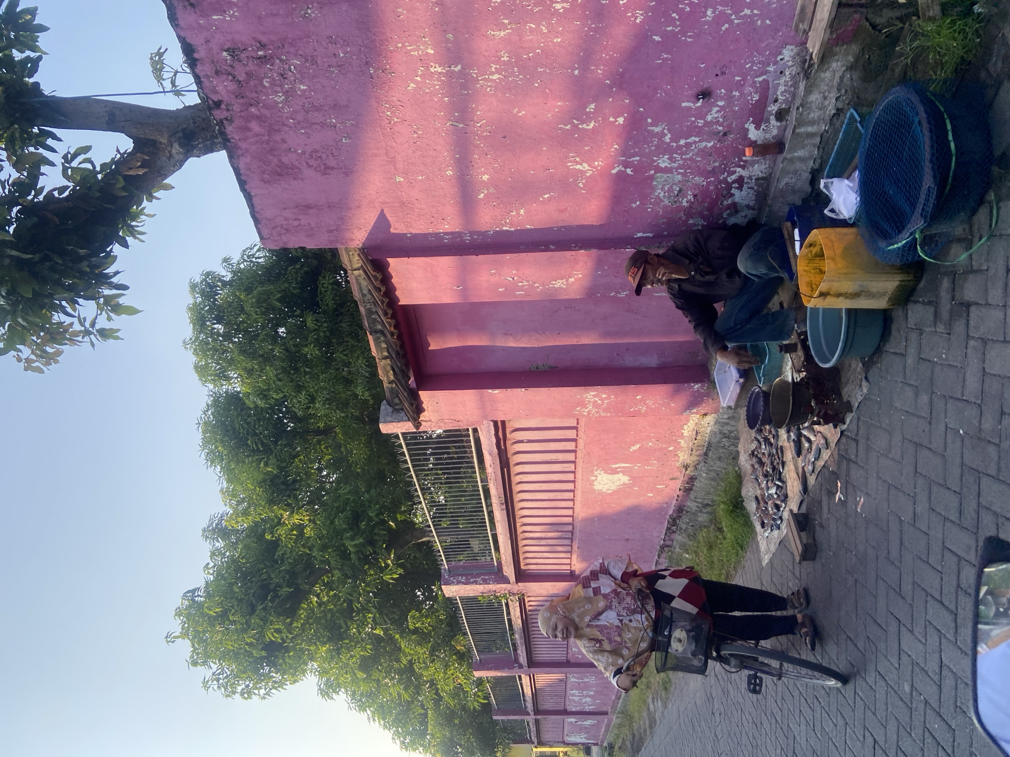 In Ngampelsari, Indonesia, a man sits by a pink, weathered wall, his dark shirt and blue jeans blending with the shadows. He is looking away from the camera, his hand near his chin, appearing contemplative. Before him are various containers, including a yellow bucket, a blue tub, and a dark net with a green trim. A pile of fish lies on a tarp to his left. Across the paved walkway, a woman in a headscarf and patterned clothing is perched on a bicycle, its front basket filled with items. She is looking to her left and smiling, her body angled as if she is about to start riding. The scene is bathed in the warm, late afternoon sun, casting long shadows and highlighting the peeling paint on the wall. Trees with lush green foliage line the background, and a metal fence runs alongside the wall. The paving stones on the walkway are a dark grey, laid in a patterned fashion.
