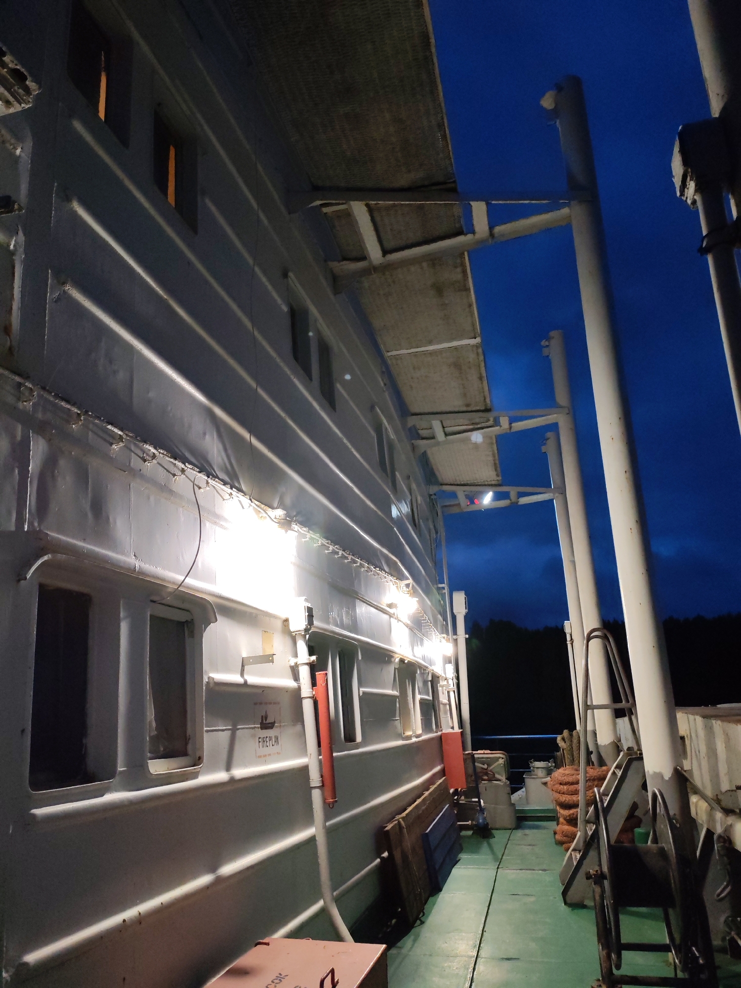 The image depicts the exterior of a vessel, likely a ferry or cargo ship, at dusk or night. The vessel is painted white and has multiple rows of horizontal ribbed paneling. There are several rectangular windows along the side of the vessel, some with faint interior lights visible. A series of small lights are strung along the upper section of the hull, illuminating the deck area. The deck itself is painted green and appears to be made of weathered wood or metal.
To the right of the vessel's hull, there are several vertical white support poles and a structure with a railing. Ropes, possibly mooring lines, are coiled on the deck near a metal object that resembles a winch or reel. Some wooden planks and blue boards are stacked against the side of the vessel.
In the background, a dark silhouette of trees is visible against a deep blue night sky. The overall atmosphere suggests a quiet, potentially working, maritime environment. There are no people visible in the image. The scene is located in the city of Devyatiny, Russia.