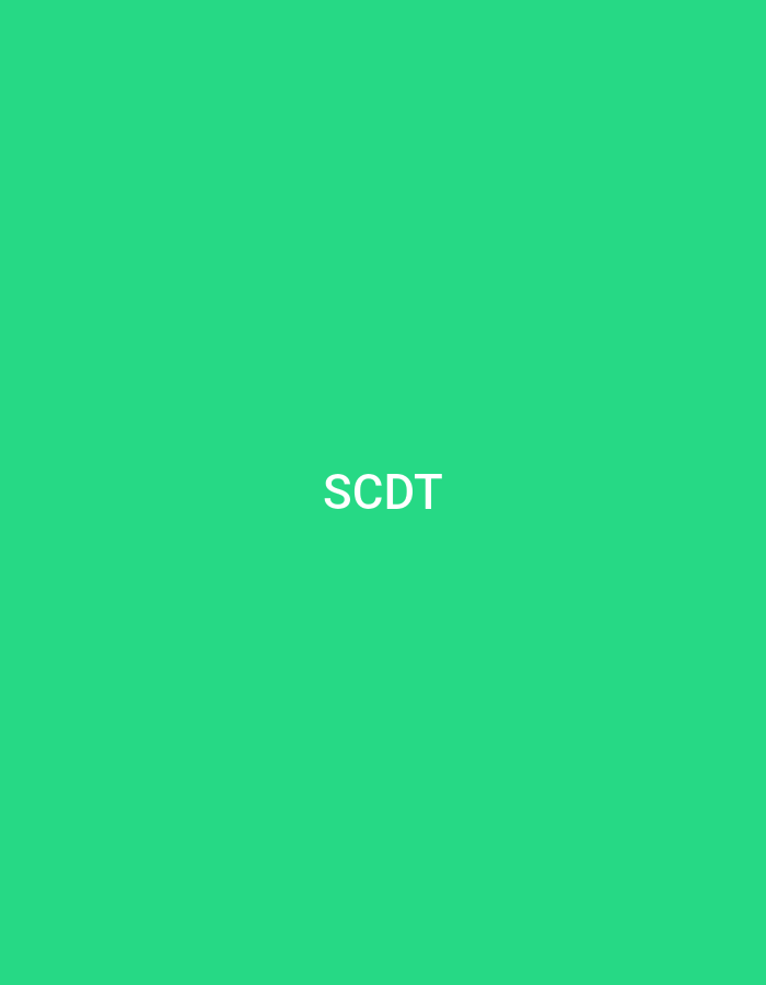 The scene depicts a digital graphic from Casablanca, Morocco, featuring the white capital letters "SCDT" centrally placed against a solid, uniform background of vibrant green. The letters are rendered in a bold, sans-serif typeface. The environment is entirely two-dimensional and minimalist, devoid of any other discernible objects, figures, patterns, or textures.