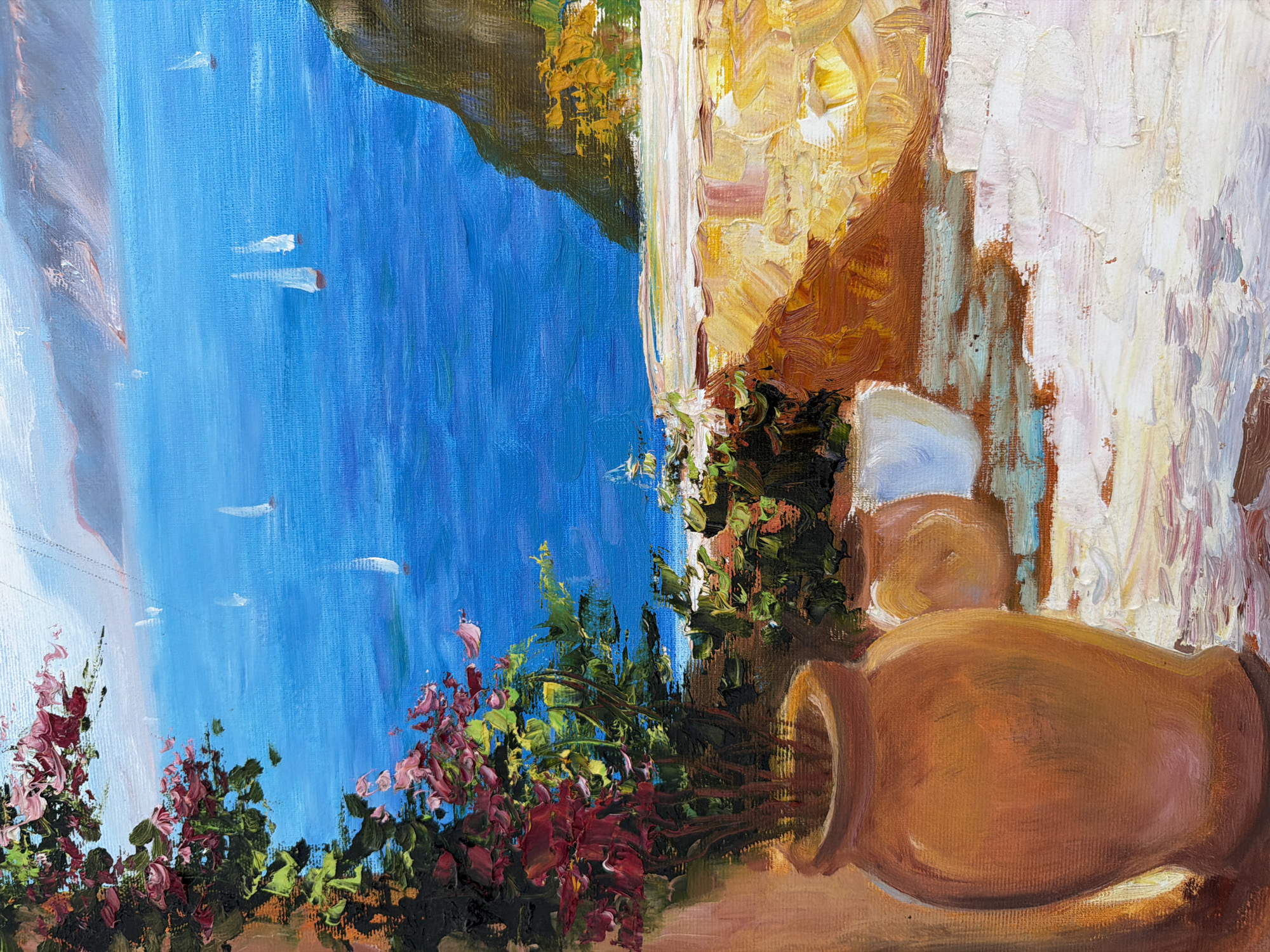 This is an oil painting depicting a scenic view of a body of water, likely the sea, with several sailboats visible in the distance. In the foreground, there is a large terracotta pot containing vibrant pink and green foliage. To the right of the large pot are two smaller pots, one appearing to be terracotta and the other white. The scene is set on a balcony or terrace, with a textured railing and a white, uneven surface suggesting a tiled or stone floor. Beyond the terrace, the deep blue water stretches out towards rolling hills or mountains under a hazy sky. The painting style is impressionistic, with visible brushstrokes and a focus on capturing light and color. There are no people or animals depicted in the painting. The artwork does not contain any elements that specifically identify it as being located in Kyiv, Ukraine.