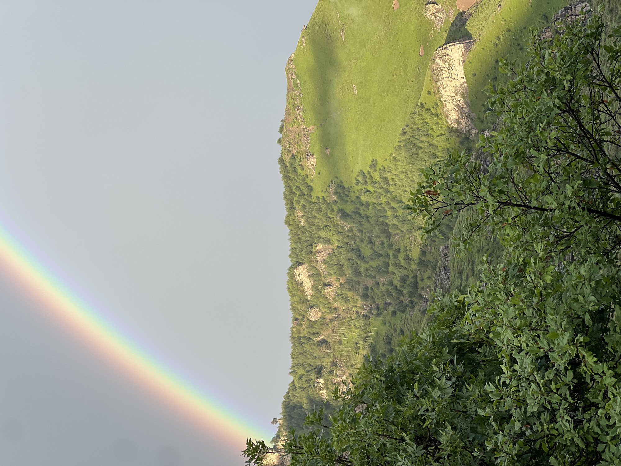 This is a photograph of a mountainous landscape with a rainbow in the sky. In the foreground, there are green leafy trees. Behind the trees, a lush green mountain rises, covered with trees on its slopes and rocky outcrops. A vibrant rainbow arches across the grey, overcast sky, its colors clearly visible. The scene appears to be natural and uninhabited, with no people or man-made structures visible. The lighting suggests it may have recently rained or is about to. The location is stated to be in the city of Assab, Russia, a detail that cannot be verified from the image itself.