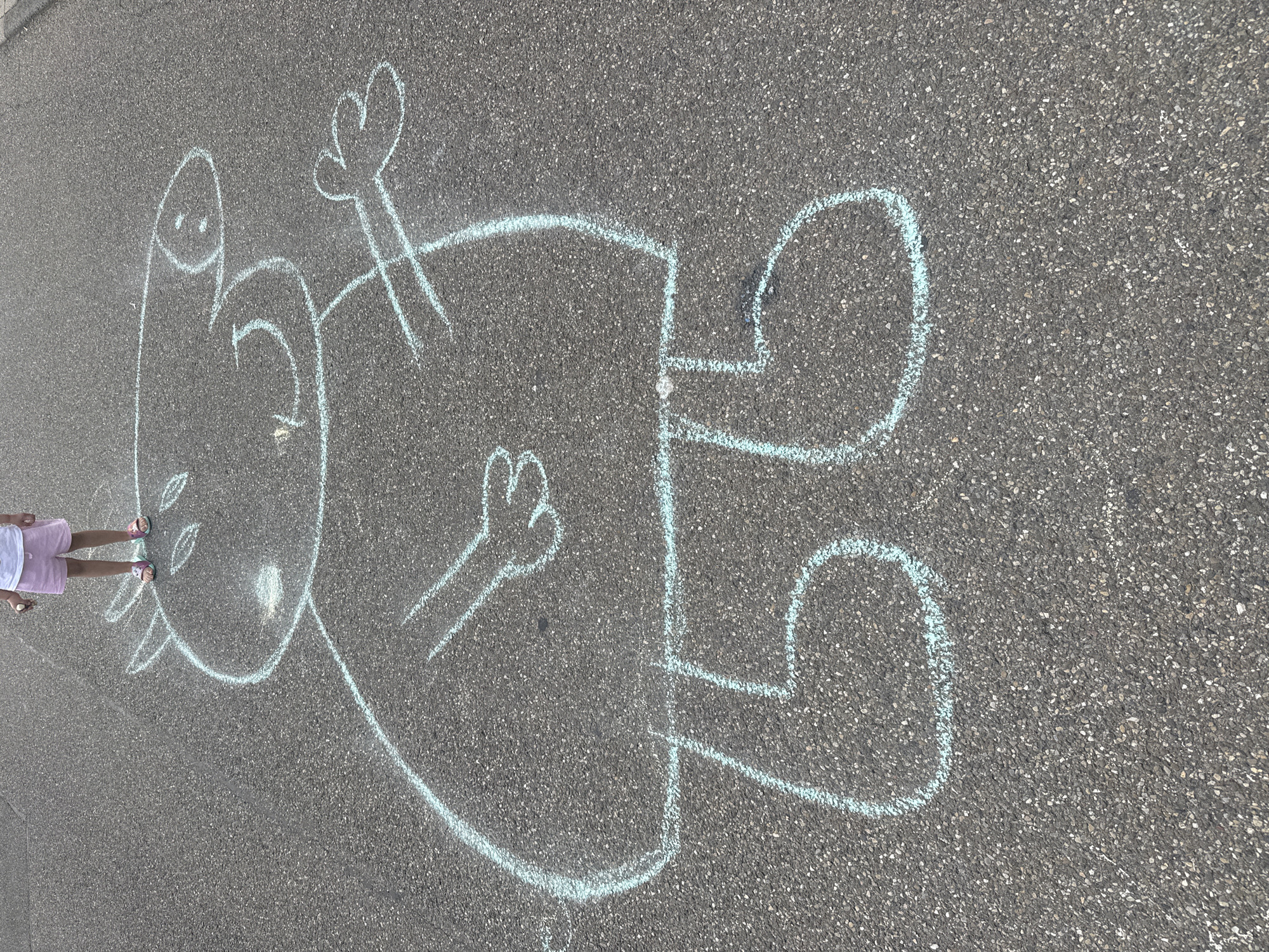 The image displays an outdoor scene on a dark gray asphalt pavement in Waiblingen, Germany, under bright daylight. A large outline drawing of a cartoon pig, resembling Peppa Pig, is rendered in light blue chalk on the asphalt. The drawing depicts a character with a large oval head, two small pointed ears, two circular eyes, a prominent snout with two nostrils, and a curved smiling mouth. A pear-shaped body extends from the head, connected to two short, thick arms, each ending in a three-fingered hand. Two stout legs terminate in rounded foot shapes. Partially visible in the upper portion of the frame is the lower torso and legs of a child. The child is wearing pink shorts and multi-colored sandals adorned with animal faces, and is positioned with their feet directly above the head of the chalk drawing. The child's right hand (viewer's left) holds a small, light-colored object, possibly a piece of chalk. The asphalt surface exhibits a typical granular texture.