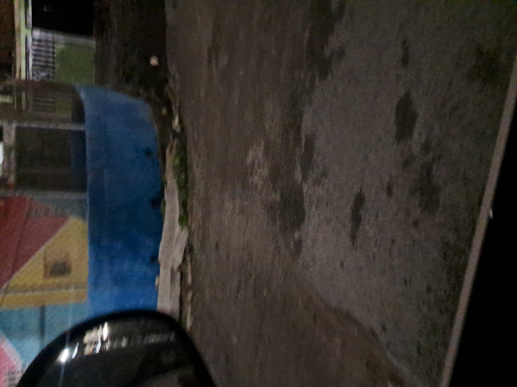 The image depicts a side-view mirror reflecting a colorful mural painted on a blue, curved wall. The mural features geometric shapes in pink, yellow, and red. To the right of the blue wall, there is a glimpse of buildings with metal fencing and green vegetation. The foreground shows a dark, wet asphalt surface with several puddles reflecting the ambient light. The scene appears to be an outdoor urban environment in Cumana, Venezuela, likely at dusk or night, given the lighting conditions and the reflections. There are no people visible in the image.