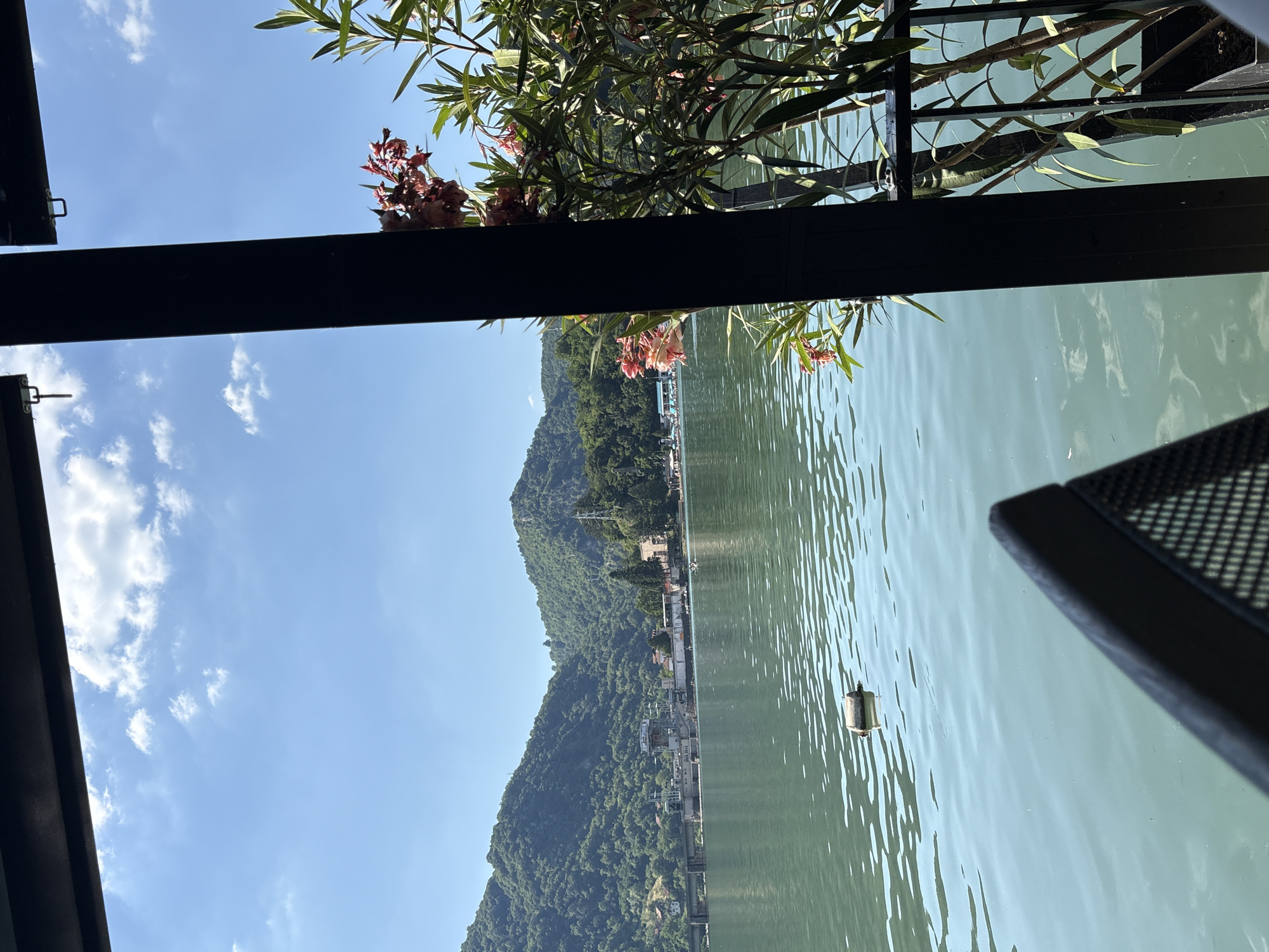 The image depicts a scenic view of a calm body of water, likely a lake or river, with a lush, tree-covered mountain range in the background. The water is a tranquil green, reflecting the sky and surrounding foliage. A small, cylindrical buoy floats on the surface of the water. In the foreground, a dark, metallic structure, possibly part of a railing or balcony, frames the scene. Above the water, branches of a tree with delicate pink flowers extend into the frame, adding a touch of nature's beauty. The sky is a clear, bright blue with a few wispy white clouds scattered across it. The overall impression is one of peace and natural splendor. The lighting suggests it is daytime, likely late morning or early afternoon, with clear and pleasant weather. The presence of the mountain range and the calm water hint at a natural landscape location, consistent with Divic, Bosnia and Herzegovina, which is known for its natural beauty. No people are visible in the frame, and there is no visible text.
