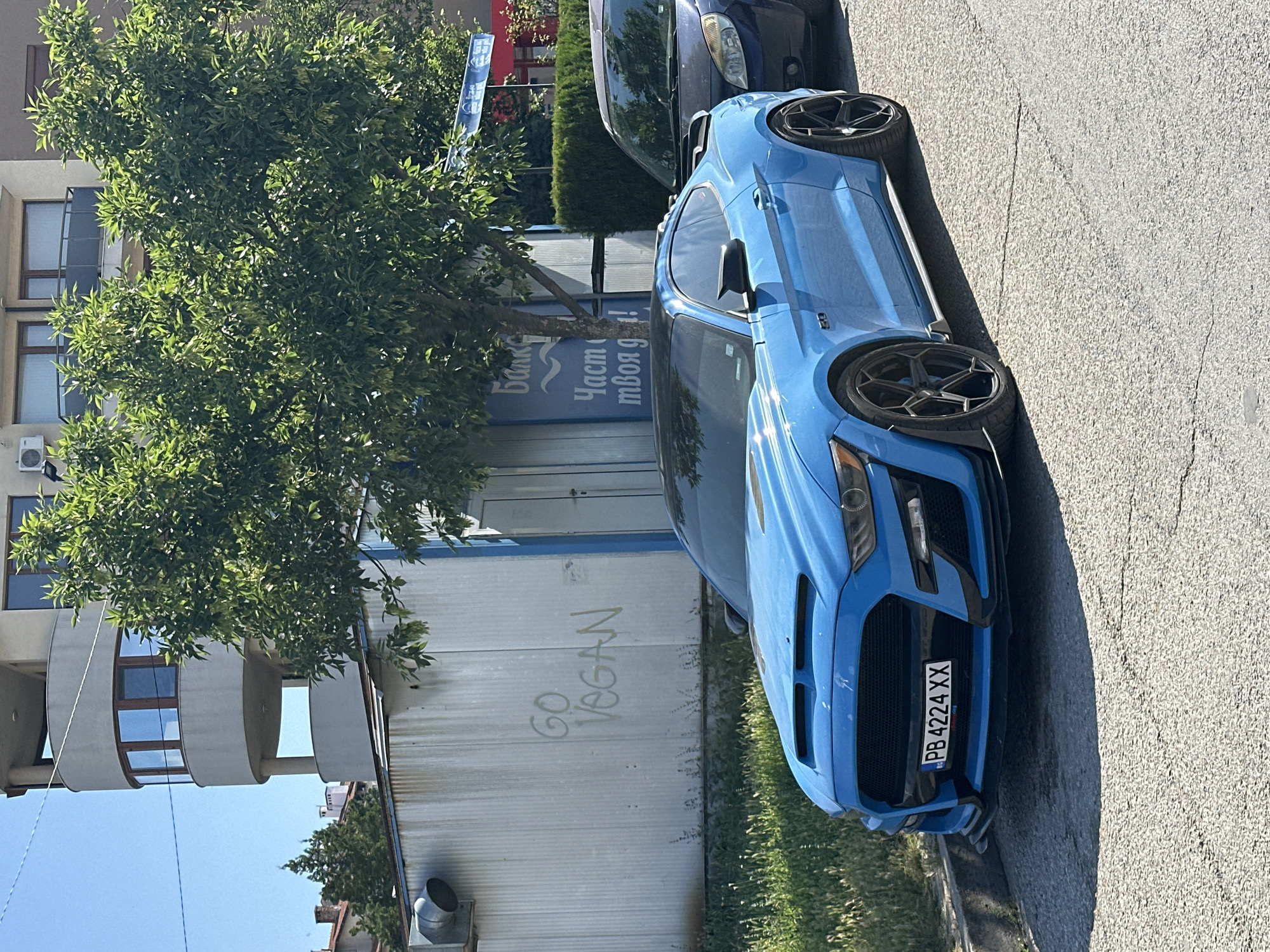 The image shows a bright blue Ford Mustang parked on a street in Veliko Tarnovo, Bulgaria. The car is positioned on the right side of the street, facing left, with its front bumper angled slightly towards the viewer. The Mustang features a black roof, a custom front bumper with a large grille, and black multi-spoke rims. A license plate reading "PB 4224 XX" is visible on the front of the car.
Behind the Mustang, a dark-colored car is parked. The background includes a building with a curved balcony and modern windows, and a metal-clad structure with graffiti that reads "GO VEGAN" in yellow spray paint. A large tree with lush green foliage stands prominently between the cars and the building, casting shadows on the street. The environment appears to be an urban setting on a sunny day, with a clear blue sky overhead. The street surface is asphalt with visible cracks. There are no people visible in the frame.
