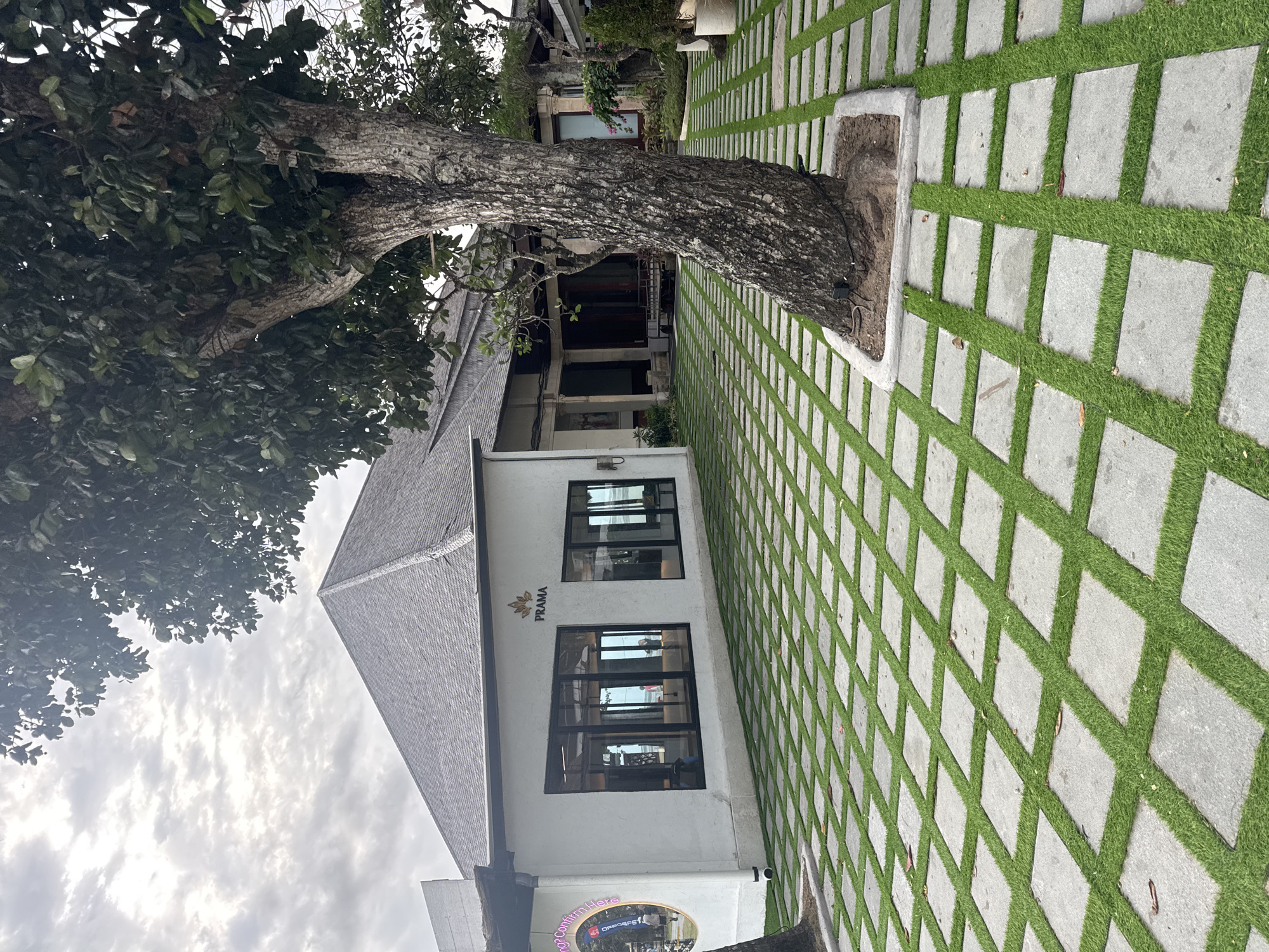 The image depicts the exterior of a building with a modern, minimalist design, located in Denpasar, Indonesia. The building features a white facade, a dark gray tiled roof, and large black-framed windows. The entrance area is paved with square concrete slabs interspersed with artificial grass, creating a checkerboard pattern. A large tree with a thick, textured trunk is prominently positioned in the foreground, partially obscuring the building. The sky is overcast with scattered clouds. There are no people clearly visible in the image, though some reflections in the windows suggest the presence of individuals inside. The overall scene suggests a tranquil and well-maintained outdoor space, likely a restaurant or resort given the architecture and landscaping.