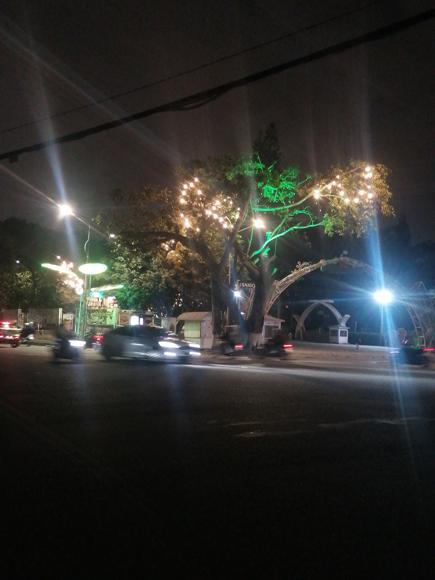 The image depicts a nighttime scene in Da Lat, Vietnam. A tree decorated with warm-toned lights and some green lights stands prominently, with an archway structure in the background, possibly marking the entrance to a park or significant area. Traffic is visible in the foreground, including cars and motorbikes, suggesting a busy street. There are street lights contributing to the overall illumination, and the sky appears dark and overcast.