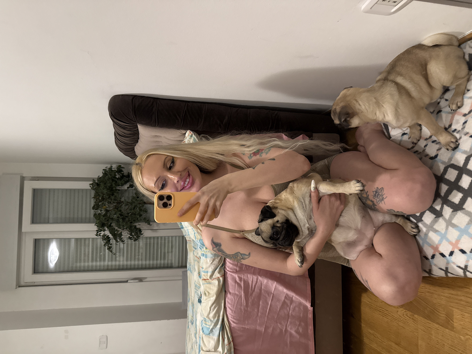 A woman with long blonde hair is taking a selfie with her phone while lying on a bed. She is holding a pug dog in her arms. Another pug is standing near her legs on the bed. The bed is covered in a multi-colored blanket and a pink sheet. Behind the bed is a brown headboard and a window with a plant on the windowsill. The room appears to be a bedroom in Unknown, Unknown.