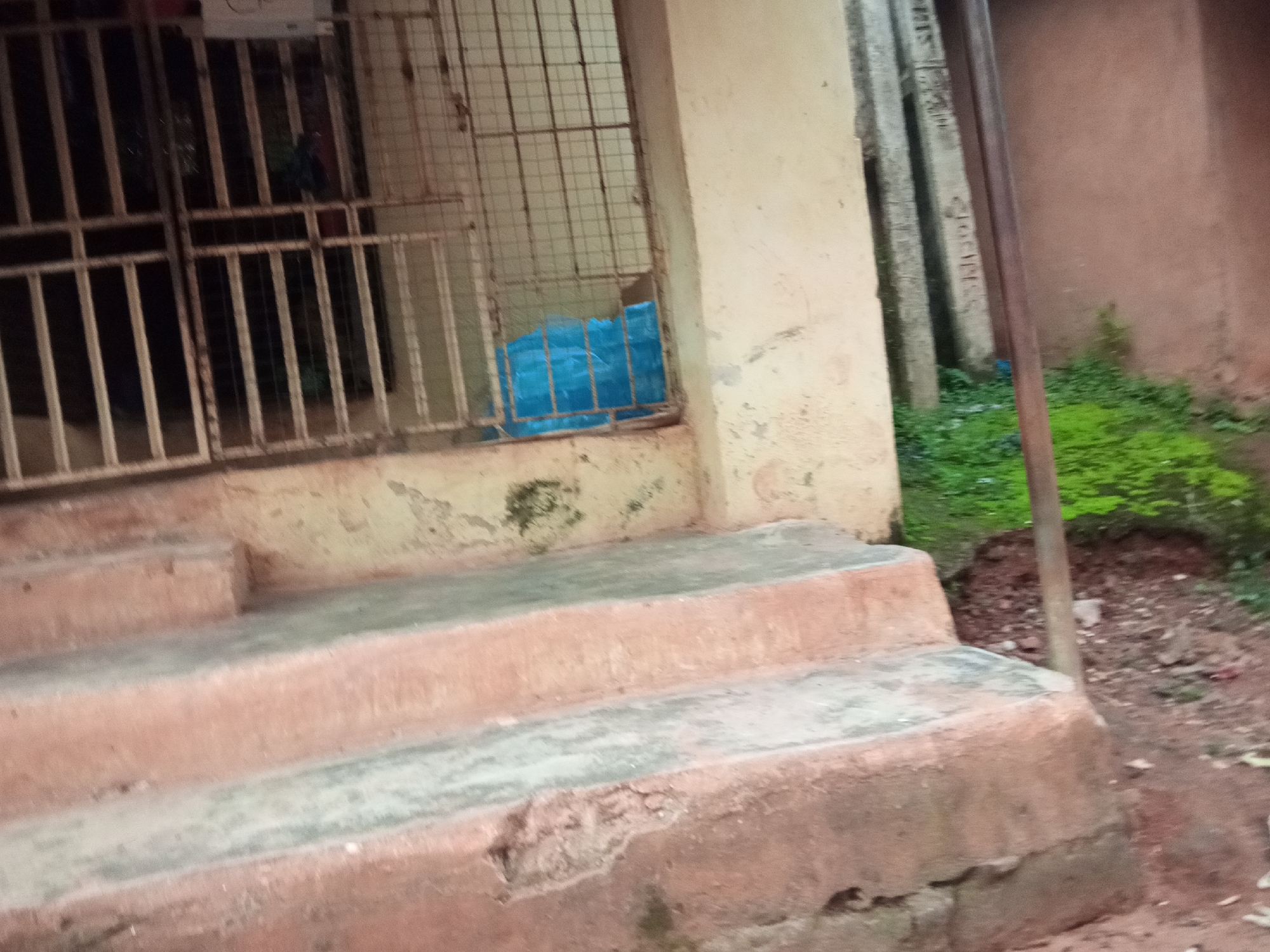 The image depicts a weathered, concrete staircase leading up to an entranceway that is partially obstructed by a metal grate. The stairs themselves are a dull reddish-brown color, showing signs of wear and tear, with some chipped edges and discolored patches. Behind the grate, the entrance appears dark, with a bright blue object visible through the bars. To the right of the entrance, a pale, discolored wall stands beside a series of concrete pillars with faded inscriptions. The ground to the right of the stairs is covered in reddish-brown dirt and patches of green moss or low-lying vegetation. The overall impression is one of a slightly neglected outdoor area, likely in a developing urban or semi-urban setting. The context of Oko Town, Nigeria, suggests this could be a residential or public building entrance.