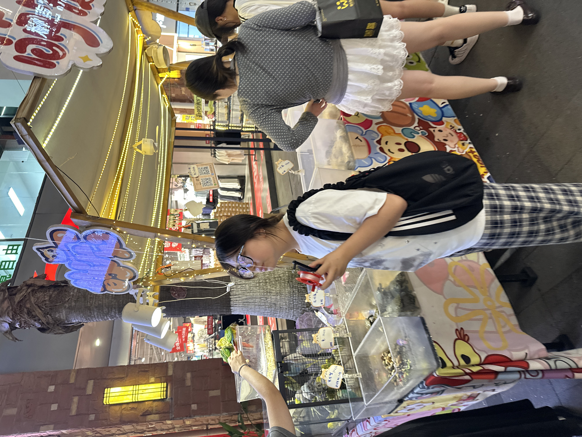 The image depicts a street scene, likely in the city of Chongqing High-tech Zone, China, featuring a vendor stall. The stall is adorned with a colorful tablecloth featuring cartoon characters, and is covered by a light-colored awning decorated with strings of yellow lights. Various items are displayed for sale, including small animals in clear plastic enclosures, such as birds and what appear to be turtles, alongside bags of what might be pet food.
Several individuals are present. A young woman wearing glasses and a white t-shirt with a black and white tie-dye pattern is standing in the foreground, holding a small red object and looking to her right. She is carrying a black backpack. Behind her, another woman in a gray cardigan and a white lace skirt is browsing the items at the stall. Further back, a person wearing a dark baseball cap and a white t-shirt is also visible. The background shows a pedestrian walkway with storefronts and a palm tree, suggesting an outdoor commercial area. The overall atmosphere is that of a bustling market or outdoor shopping district.
