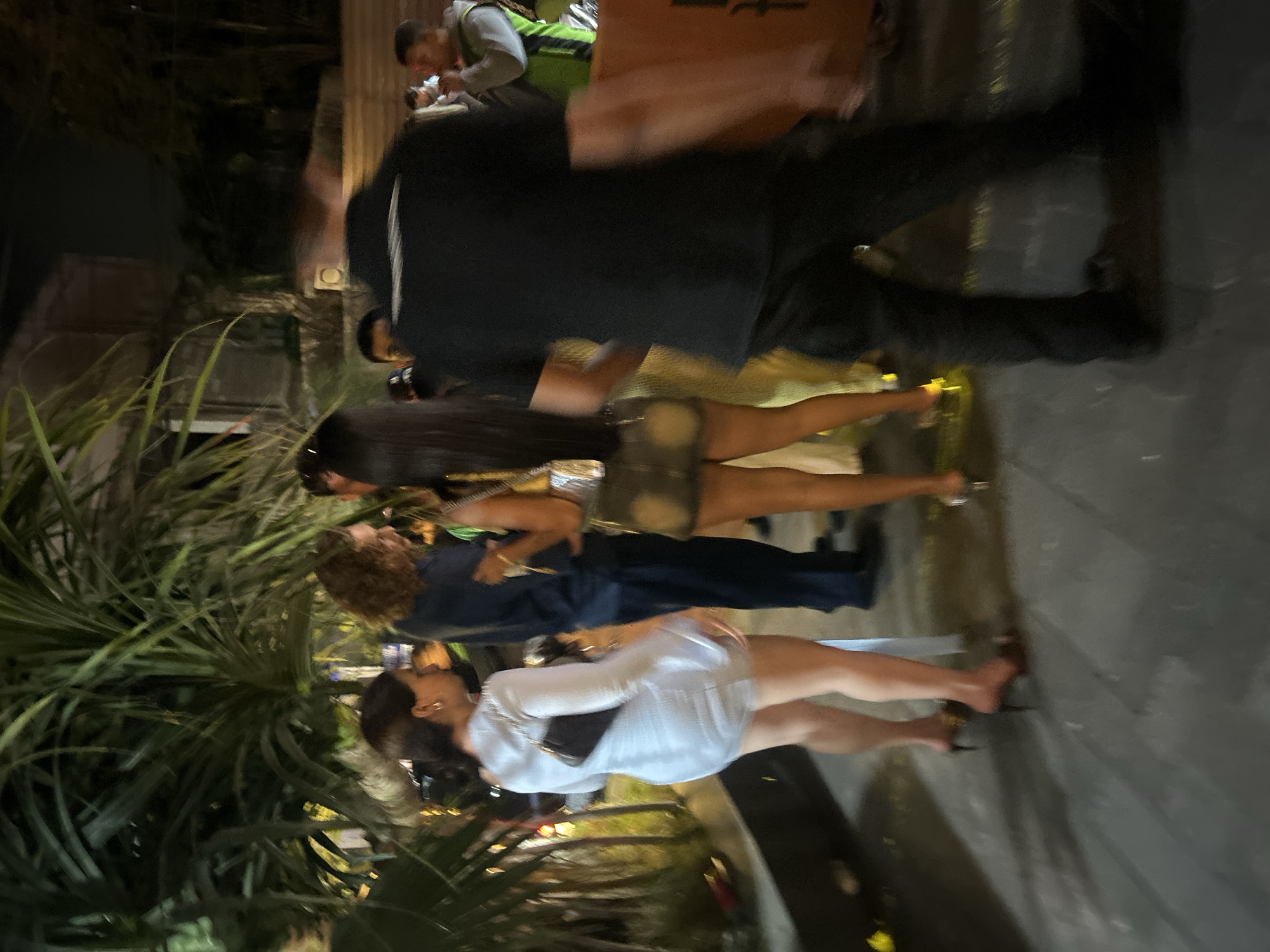 In North Kuta, Indonesia, a group of people are gathered outdoors at night, possibly at a party or event. A woman in a light-colored, form-fitting dress with bell sleeves and a dark clutch purse is facing away from the camera, her right leg slightly forward, wearing heeled sandals. To her left, a man with curly hair stands facing her. Another woman with long dark hair, wearing a denim skirt and a silver purse, is positioned in front of the man. Behind them, a man in a black t-shirt and dark pants is facing away from the camera, his arm blurred as if in motion. Further back, a person in a bright green vest is visible. The ground appears to be paved, with some scattered yellow debris. Lush green palm fronds and foliage overhang the scene, illuminated by ambient light, suggesting an outdoor, tropical setting.
