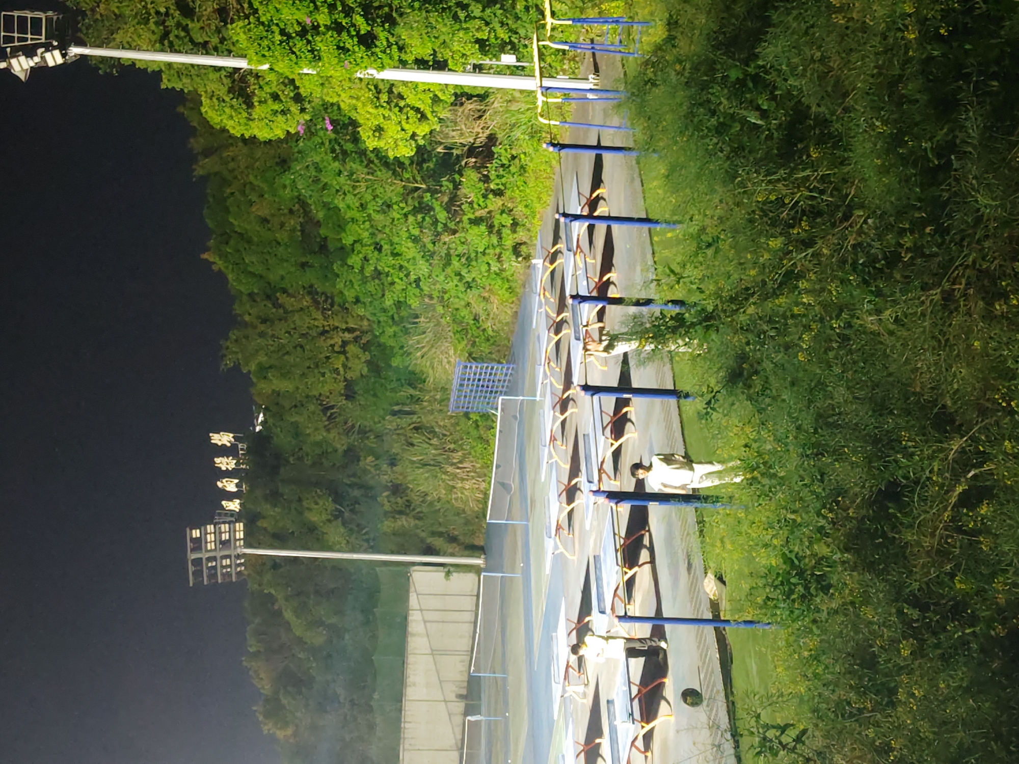 The image depicts an outdoor sports facility at night, illuminated by powerful floodlights. A paved pathway or track extends from the foreground into the distance, bordered by dense green vegetation, primarily trees and bushes, on both sides. Tall white poles with multiple bright floodlight arrays are positioned on the left side of the track, casting long shadows across the scene. Another set of floodlights is visible further in the background on the left.
Along the right side of the pathway, a series of sports equipment is arranged. These consist of vertical blue poles with yellow or orange horizontal bars, resembling hurdles or obstacles for a track and field event. There are multiple sets of these, indicating a training course or competition setup.
At least two individuals are visible on the right side of the pathway, near the sports equipment. One person, wearing a light-colored shirt and trousers, stands clearly visible next to a blue pole. Another person is partially seen further down the track. Their presence suggests ongoing activity, possibly practice or preparation for an event. A metal grid structure, possibly part of a fence or barrier, is also visible on the left side of the pathway. The scene is well-lit, highlighting the vibrant green foliage and the artificial structures against the dark night sky. The location context indicates this is in the Chongqing High-tech Zone, China. There is no visible text in the image.