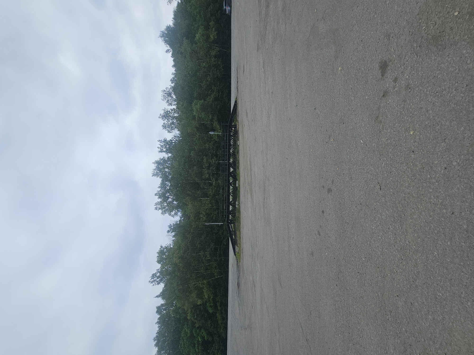 In Boitsovo, Russia, an expansive asphalt lot is viewed from ground level. The lot is empty except for a low, dark-colored pedestrian bridge spanning a subtle depression in the ground, its railings visible. Behind the bridge, a dense line of green trees forms a natural backdrop. The sky above is overcast with diffused clouds. A silver car is parked in the distance on the right side of the lot.