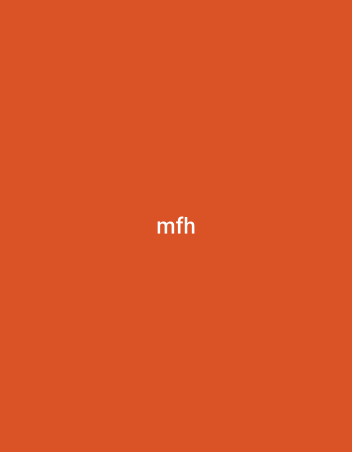 The image displays a solid, uniform background color that is a shade of orange, resembling terracotta or burnt orange. Two instances of the lowercase letters "mfh" are visible. Both are rendered in a sans-serif white font. One instance is positioned centrally in the upper third of the frame. The second instance is placed centrally within the middle third of the frame. The scene contains no discernible people, subjects, objects, actions, interactions, or environmental features that would indicate a specific location in Casablanca, Morocco, or any other city.