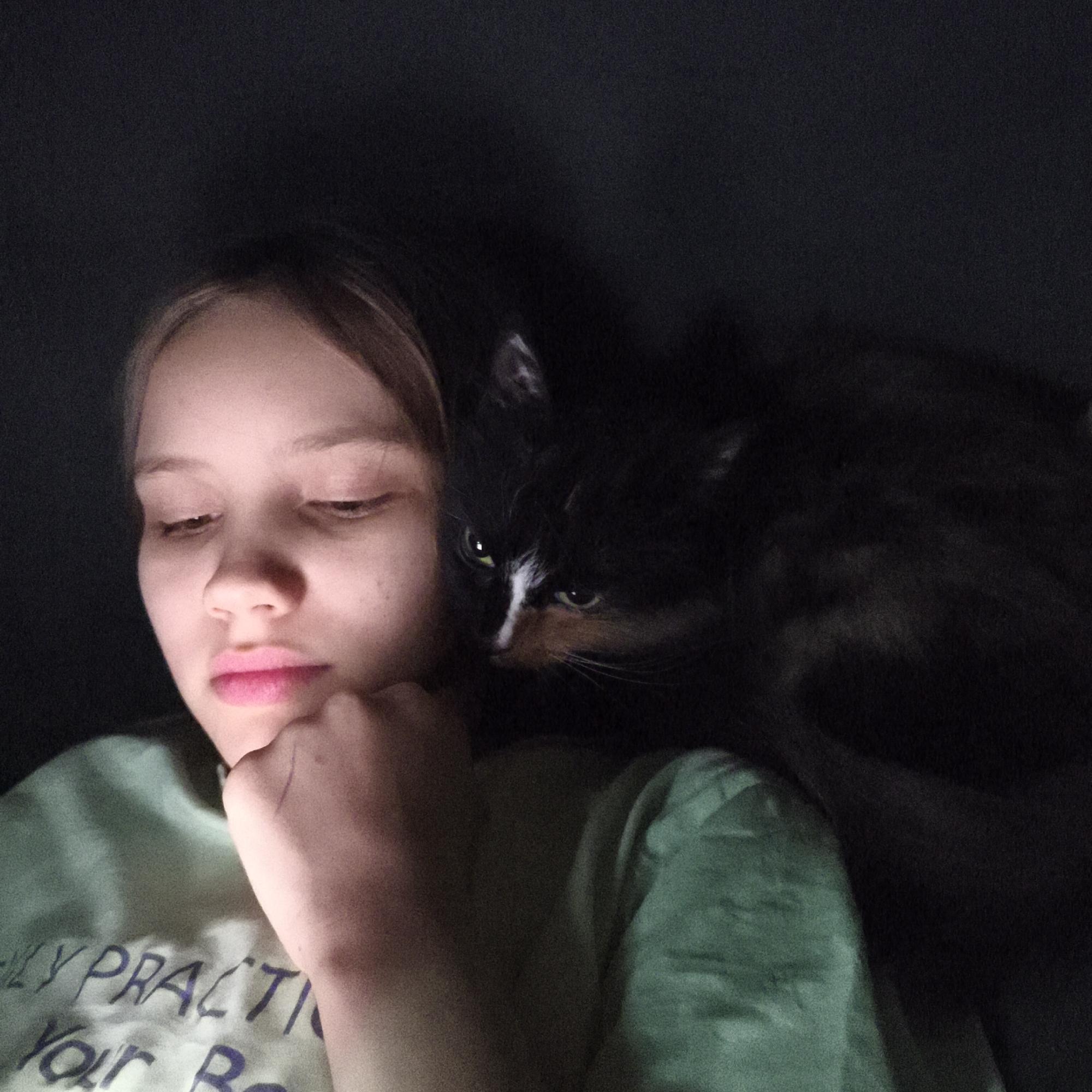 A low-light, indoor photograph features a person and a cat. The person, likely female, is positioned on the left side of the frame, with their face slightly tilted downward. Their complexion appears fair, and they have light brown hair. Their left hand is raised, with their fist gently supporting their chin. They are wearing a light green t-shirt. A cat is perched on their shoulder on the right side of the frame. The cat has dark fur with patches of white and brown. It is looking slightly to the left, towards the person. The background is dark, suggesting a room with minimal lighting. The location of the scene is described as Unknown, Unknown.