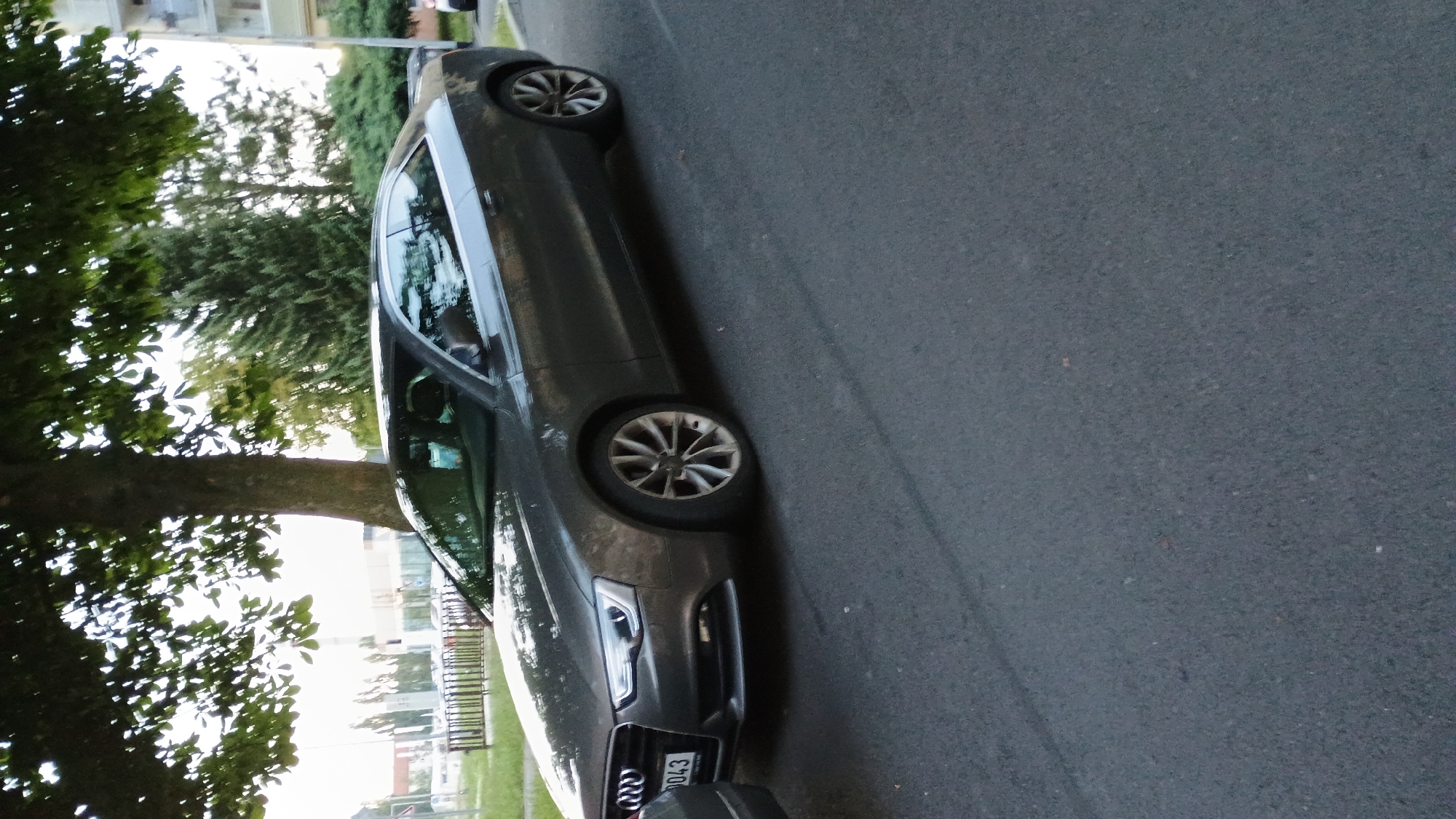 A dark grey Audi A5 coupe is parked on a paved street in Sokolov, Czechia. The car is positioned at an angle, with its front passenger side facing the viewer. The car's license plate, partially visible, appears to read "0043". The vehicle is parked beneath the dappled shade of a tree with green leaves, casting shadows on the car and the asphalt. In the background, a residential building with balconies and trees are visible. The environment appears to be a street in a residential area.