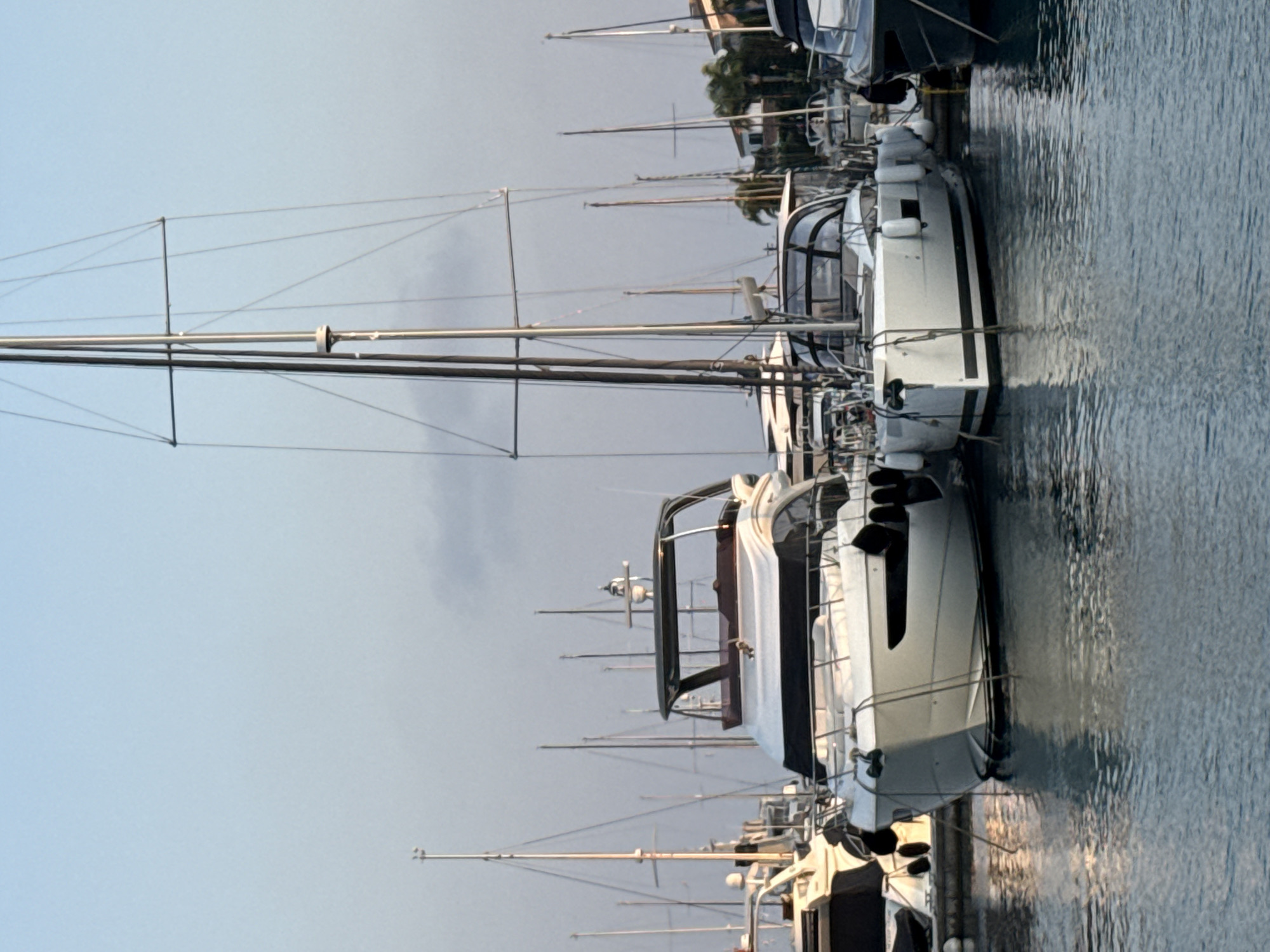 A fleet of sailboats and motor yachts are docked in a marina in Limassol, Cyprus. The sky is a clear, pale blue with a few wispy clouds. The water is calm, reflecting the sky and the boats. In the foreground, two white sailboats are docked side-by-side. The sailboat on the left is larger, with a dark-colored roof. The sailboat on the right is smaller, with a white roof. Both sailboats have several black fenders attached to their sides. In the background, several other sailboats and motor yachts are docked. Some have tall masts reaching into the sky. Beyond the marina, a row of buildings with red-tiled roofs can be seen, along with palm trees and lush green vegetation. The overall scene suggests a peaceful morning in a coastal city.