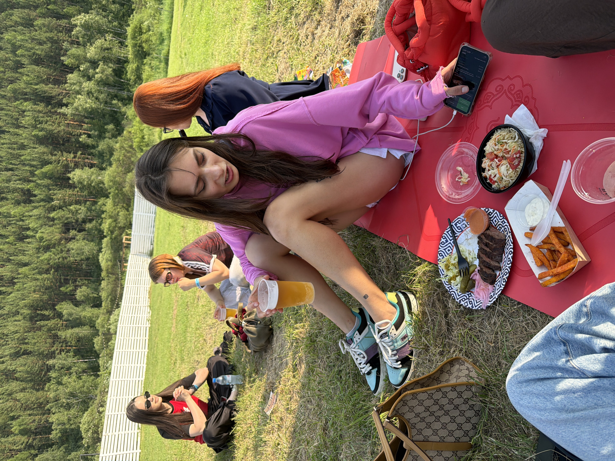 In Дрокино, Russia, five young adults are enjoying a picnic on a grassy field with a backdrop of a dense pine forest and a white fence. Two women in the foreground are seated on a red picnic mat. One woman, wearing a pink sweatshirt and white shorts, holds a plastic cup of beer and a mobile phone. Her legs are crossed, revealing colorful sneakers and a tattoo on her left thigh. Next to her is a picnic spread including a plate of sliced meat and salad, sweet potato fries, and a bowl of rice with vegetables. The other woman in the foreground is mostly obscured by the former, but appears to be wearing blue jeans. To the left, two other women are seated on the grass. One is wearing sunglasses and a red and black athletic top, with black pants. The other, with auburn hair, wears glasses and a dark athletic top. A fifth individual, out of frame, is partially visible in the lower left corner, wearing blue jeans. In the background, the sun casts long shadows, and the overall atmosphere suggests a casual, outdoor gathering.