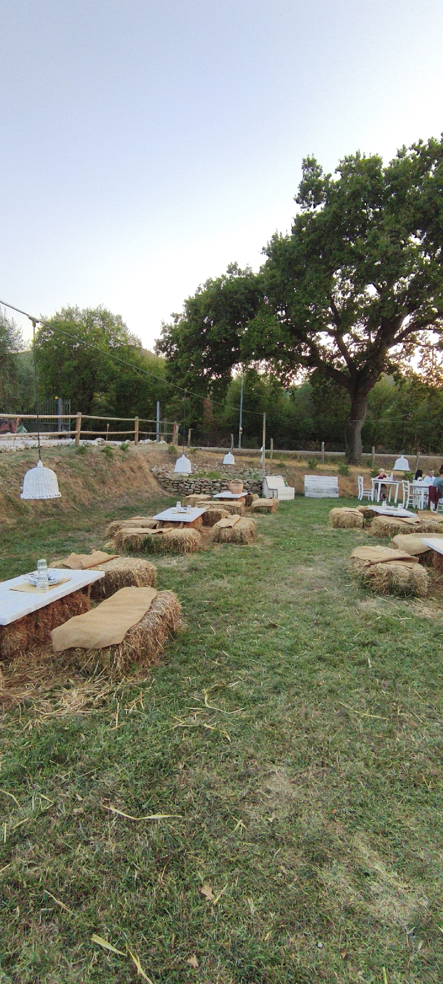 This is a wide-angle, ground-level, outdoor photograph capturing a rustic seating area, likely at a restaurant or event venue. The scene is set in Buriano, Italy, with lush green grass covering the foreground and midground. In the background, a large, mature oak tree with sprawling branches dominates the upper right portion of the image, set against a pale, hazy sky.
The seating arrangements are unconventional and eco-friendly. Numerous bales of hay are used as seating and tabletops. Some hay bales are topped with natural burlap fabric, creating a rustic cushion. White-topped wooden tables are placed on top of these hay bales, serving as dining surfaces. Some tables have place settings with glasses and plates.
Hanging from wires, several white, woven lamp shades are suspended over the seating areas, suggesting an evening or ambient lighting setup. A wooden fence runs along the middle ground, separating the seating area from a slightly elevated grassy embankment. Beyond the fence, more trees and foliage are visible, along with some stone landscaping.
In the far right of the image, a group of people are seated at more traditional white tables with chairs, suggesting a contrast between different seating options. One person, wearing a red top, is visible at a table. The overall impression is a charming, informal outdoor dining or relaxation space.