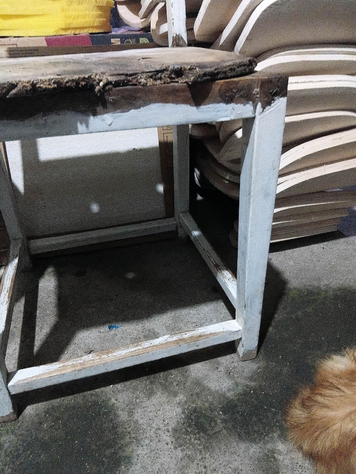 The image depicts a close-up view of the base of an old, weathered wooden table. The table has a rough, dark brown top with visible imperfections and chipped white paint on its supporting structure. The legs of the table are also painted white, with signs of wear and tear, revealing the wood beneath in some areas. The floor is a dark, textured concrete surface. Shadows from the table are cast on the wall behind it, which appears to be a rough, light-colored surface. In the background, to the right of the table, a stack of curved wooden objects, possibly parts of chairs or other furniture, are visible. A small portion of a golden-brown furry animal, likely a dog, is visible in the lower right corner of the frame. The scene appears to be indoors, in a workshop or storage area. There is no specific indication of the location within Cikal, Indonesia.