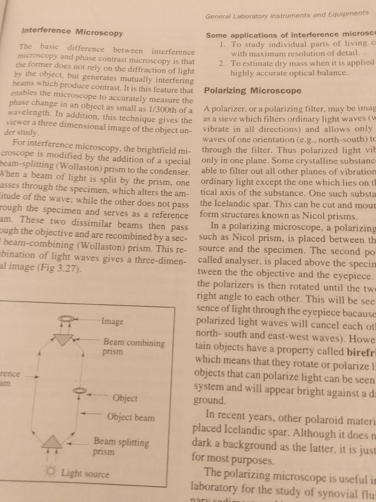 The image displays text describing Interference Microscopy and Polarizing Microscopes, alongside a diagram illustrating the optical path of an interference microscope. The text explains the principles behind these microscopes, their applications, and how they work. The diagram shows a light source, beam splitting prism, object, beam combining prism, and the resulting image, with arrows indicating the path of light. There is no information in the image related to the city of Jalingo, Nigeria.