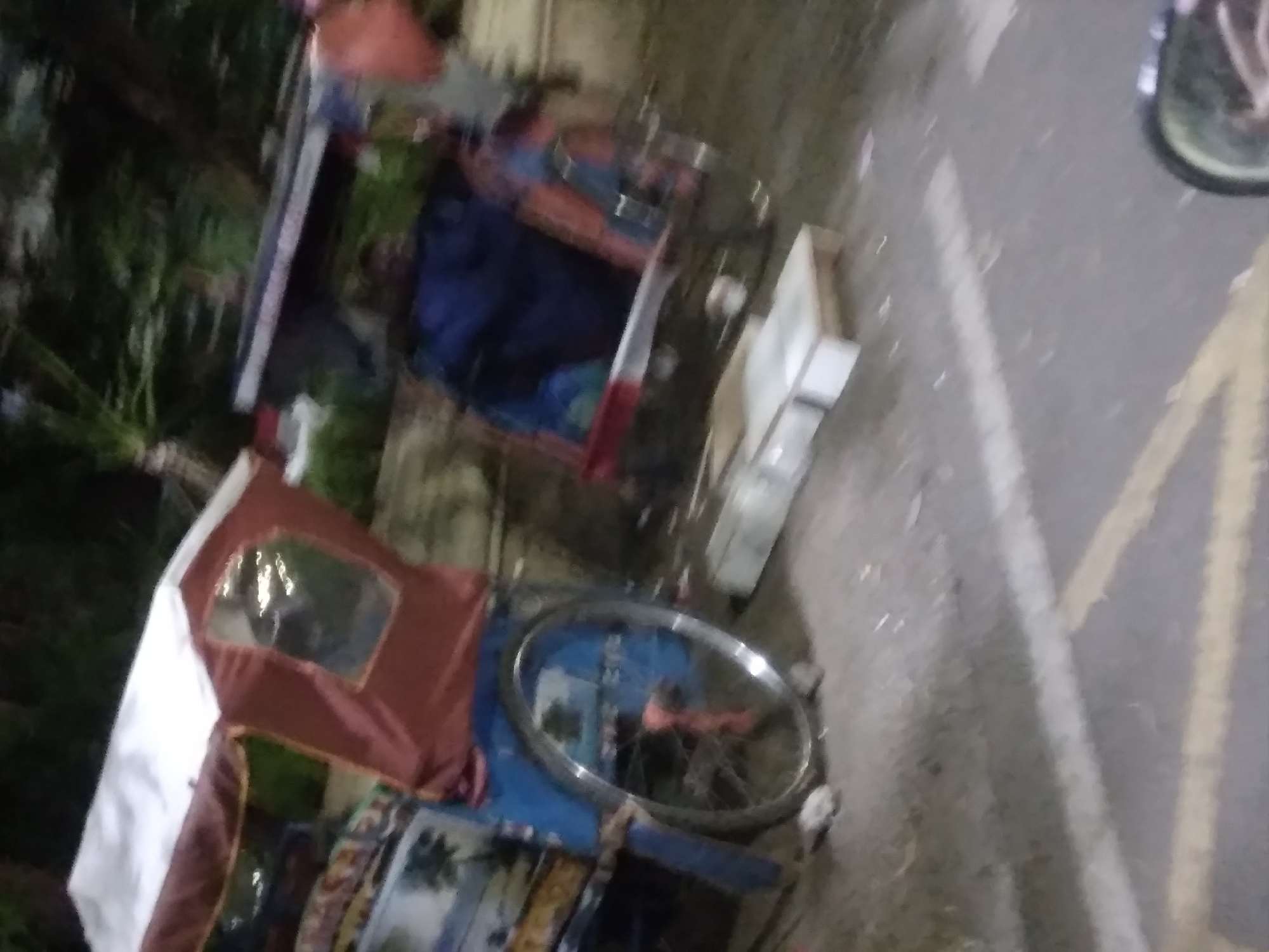 The image depicts two parked pedicabs in what appears to be an outdoor setting in Purwokerto, Indonesia. The pedicabs are the primary focus, with one on the left appearing more detailed. It has a blue body, a red canopy with windows, and a prominent silver spoked wheel with a red rim. The other pedicab on the right is partially visible and has a blue interior and a red outer structure. The ground is paved, with yellow and white painted lines indicating parking spaces. In the background, trees and foliage are visible, suggesting a somewhat natural or park-like environment within the city. The lighting indicates it might be evening or nighttime, with some reflections on the pedicab's canopy. There are no people clearly visible in the image. The scene is static, with the pedicabs positioned as if waiting for passengers or parked for the night.