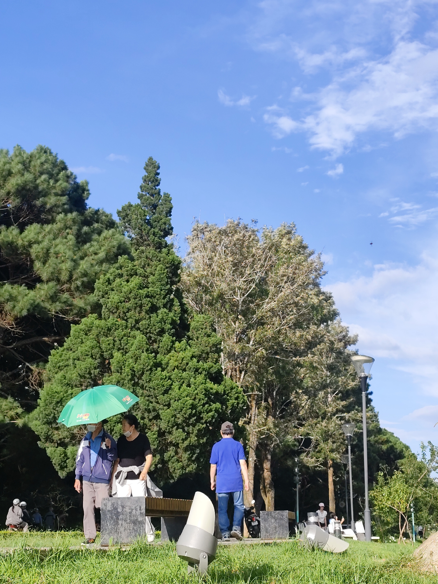The image depicts a sunny day in Da Lat, Vietnam, with a clear blue sky and scattered clouds. In the foreground, lush green grass covers the ground, with two modern-looking light fixtures positioned on the right. A group of people are visible in the middle ground, some interacting and others walking. Two individuals are under a bright green umbrella, suggesting it may be for shade rather than rain. One person, a man wearing a blue jacket and grey pants, is partially obscured by the umbrella. Beside him, a woman in a black t-shirt and white pants looks towards him. Further back, a person in a blue shirt and jeans walks away from the camera, towards a motorcycle. Other individuals can be seen in the distance, some seated and others standing near trees. The background is dominated by a dense forest of various trees, including tall pine trees and other deciduous varieties with lighter foliage, characteristic of Da Lat's landscape. The presence of paved pathways and benches suggests a park or public recreational area.